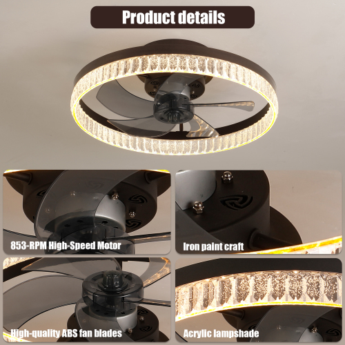 Low Profile Ceiling Fan with Light and Remote Control, Dimmable LED Ceiling Fan, 6 Speeds, Timing Reversible Blades, Brown, 20"、、eastwooduniform
