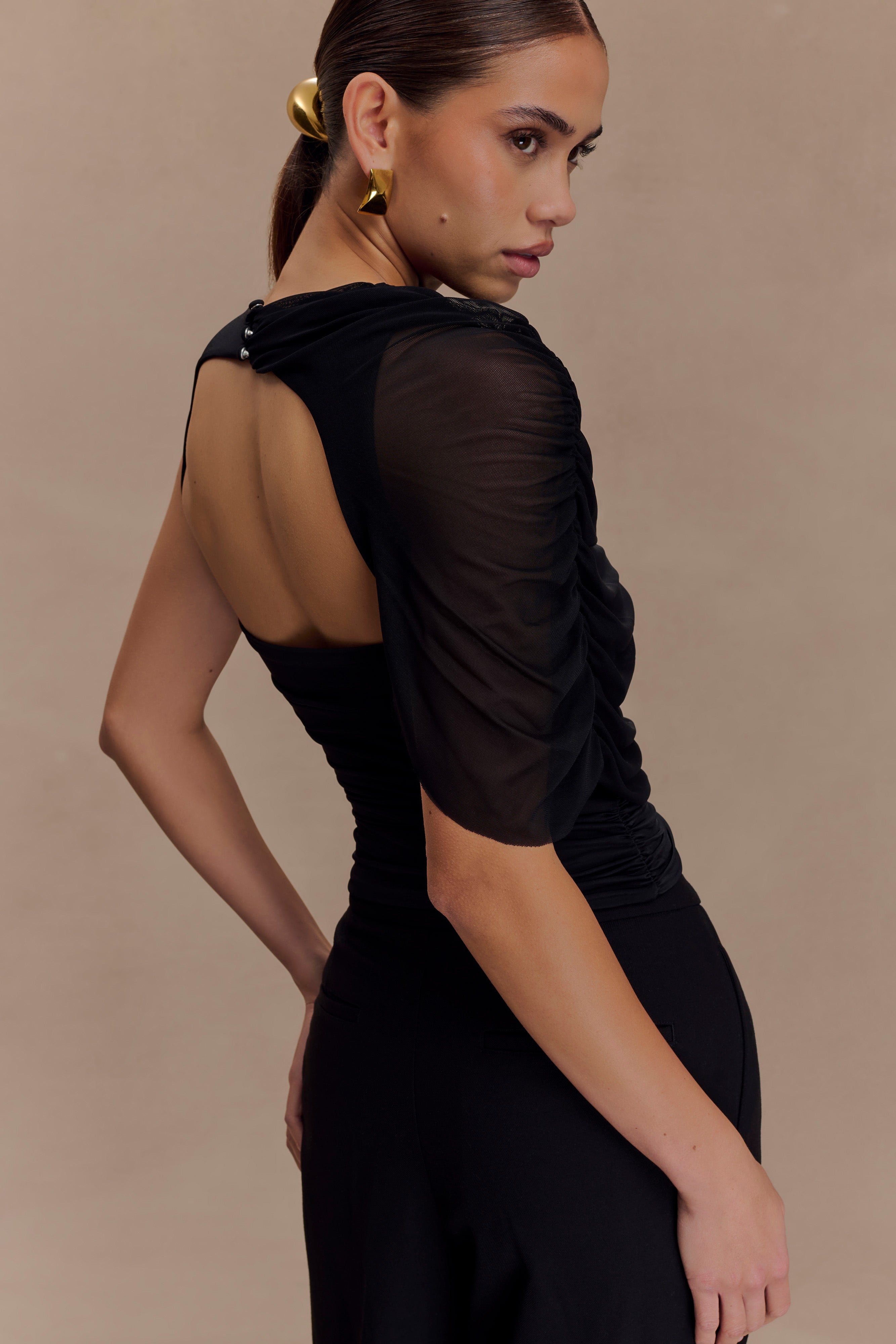 Pruedance Slinky Draped Top With Mesh Overlay - Black、mySite、solidvoid