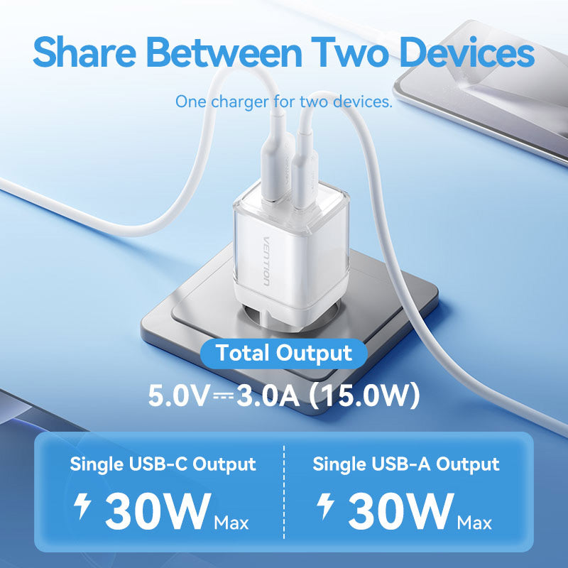Vention 2-Port USB (C + A) GaN Charger (30W/30W) EU-Plug、mySite、fannypackpong