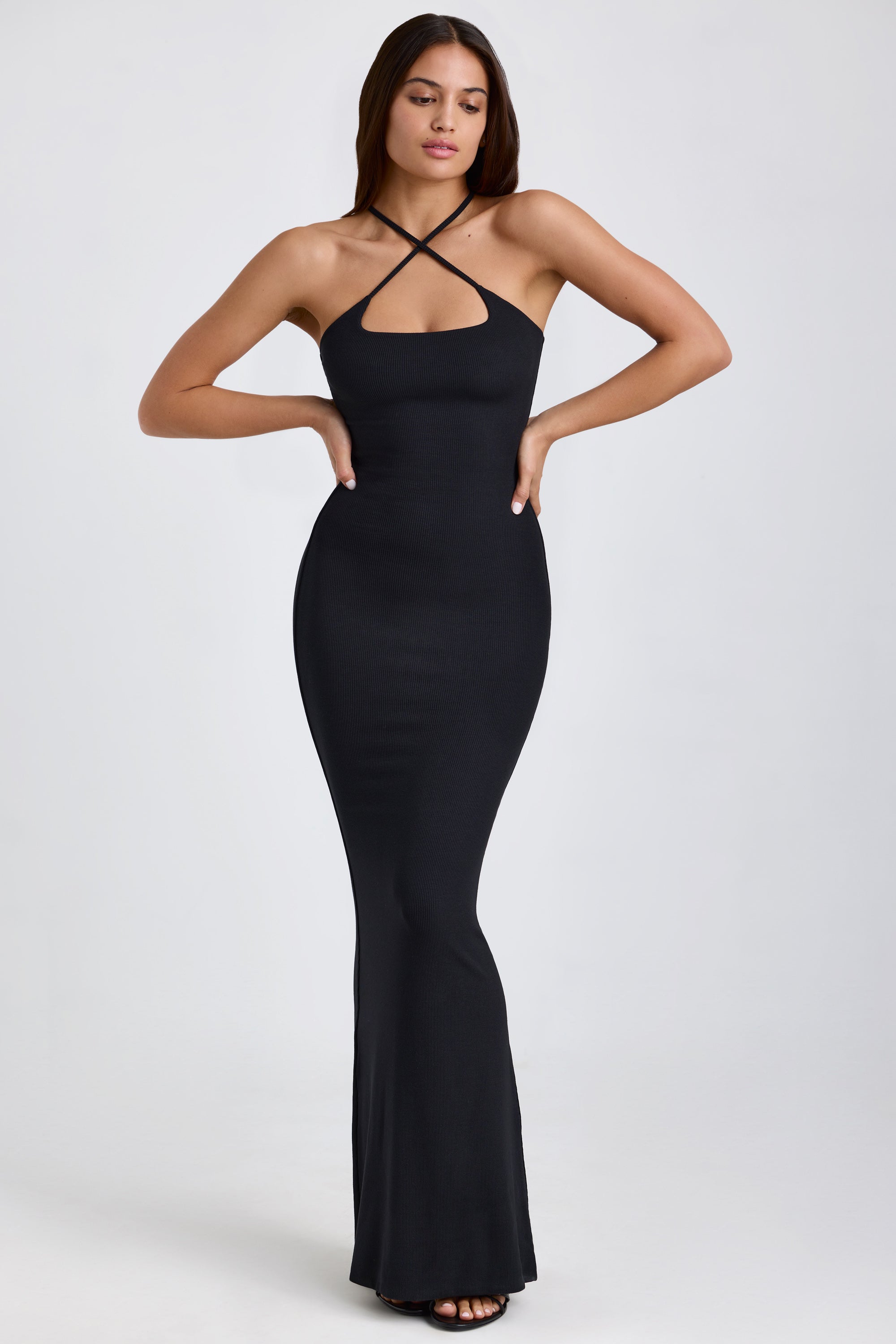 Ribbed Modal Halterneck Maxi Dress in Black、mySite、solidvoid