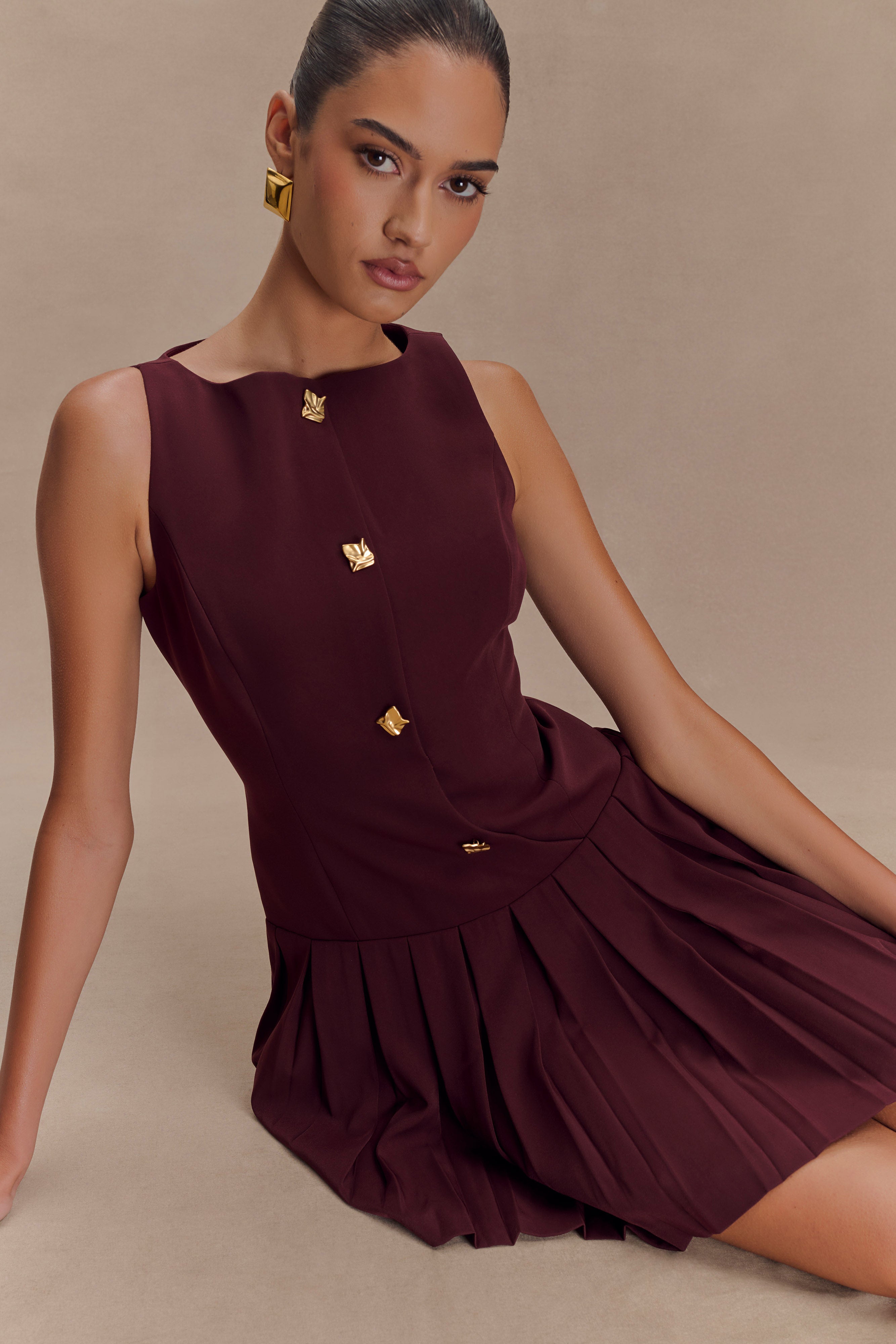 Mackenzie Sleeveless Pleated Mini Dress - Mahogany、mySite、solidvoid