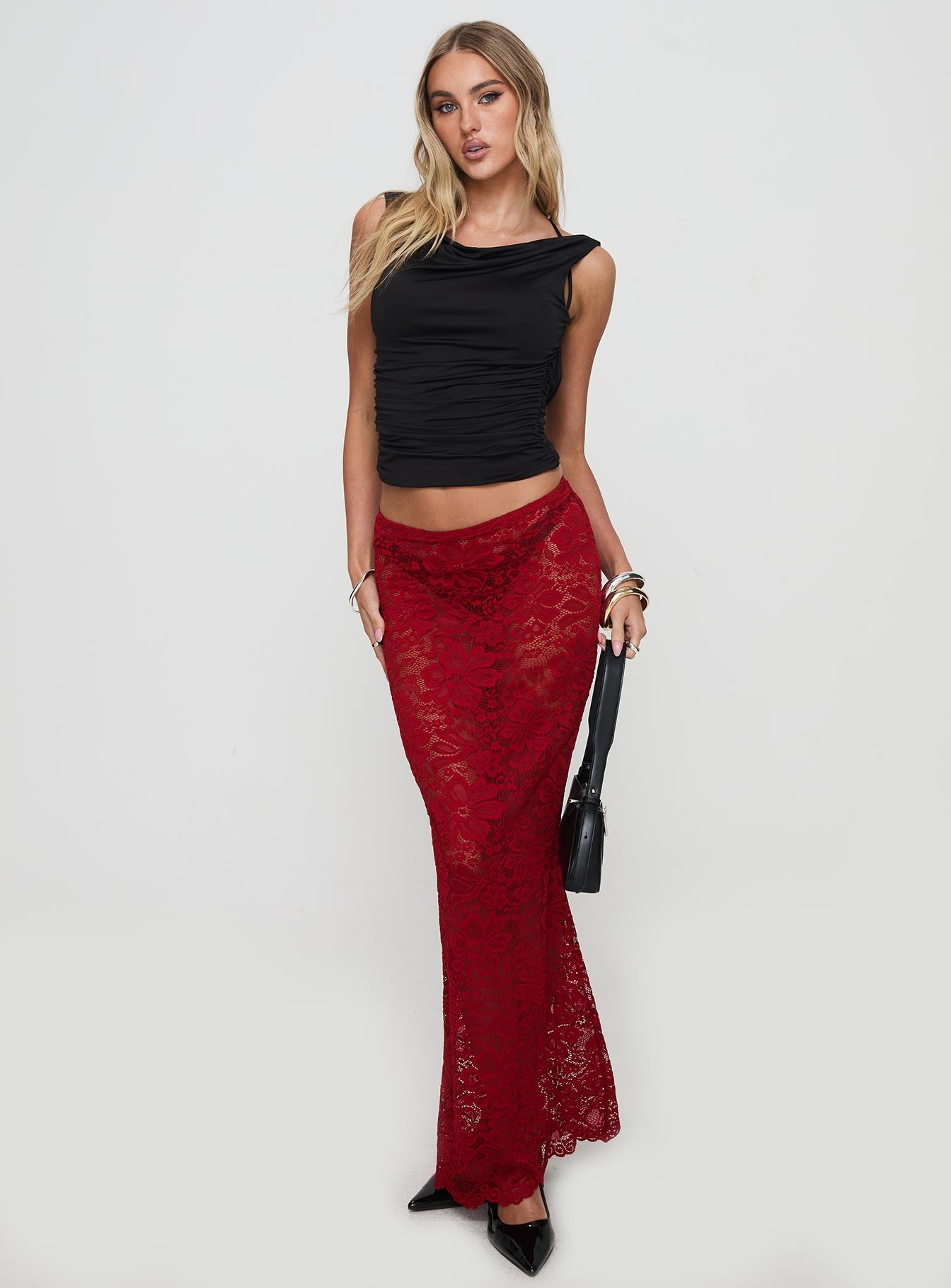 Lombardio Lace Maxi Skirt Burgundy、mySite、solidvoid