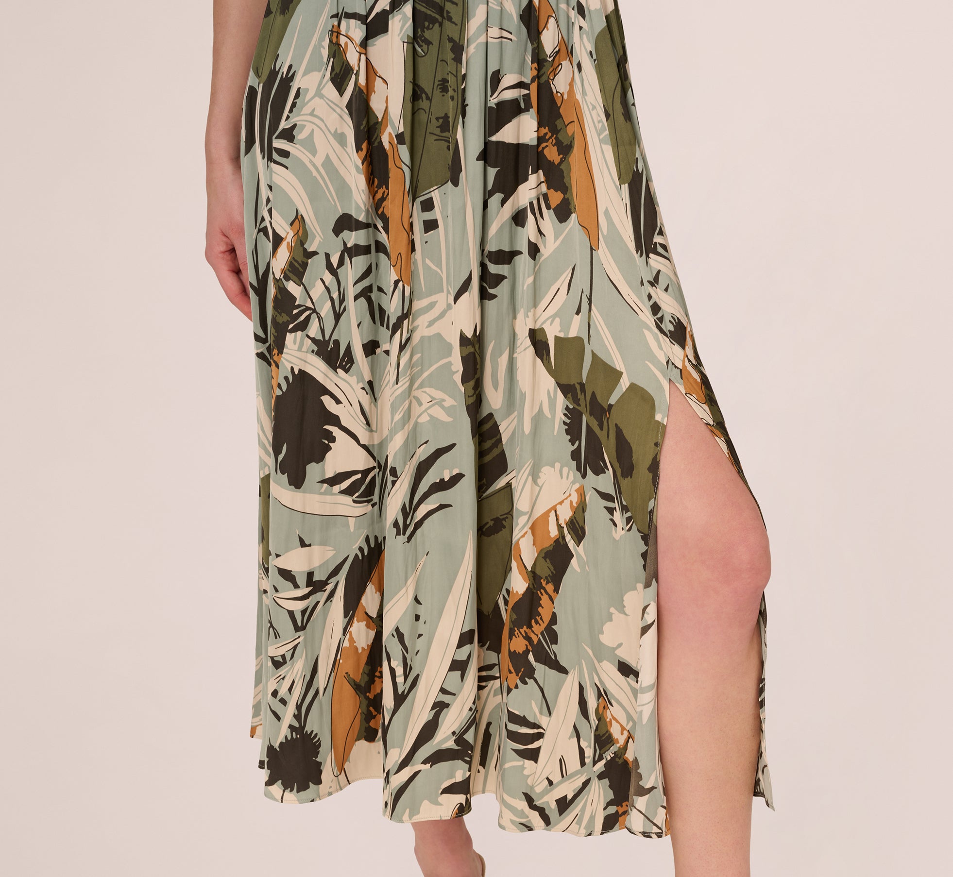 Printed Side Slit A Line Midi Skirt In Dusty Seamist Abstract Palm、mySite、solidvoid