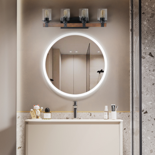 (Same as W1340119957/L1016) 27" Rustic 4-Light Vanity Light, Industrial Bathroom Wall Sconce with Glass Shades and Wood Accent, Modern Farmhouse Lighting Fixture (No Bulbs)、、eastwooduniform