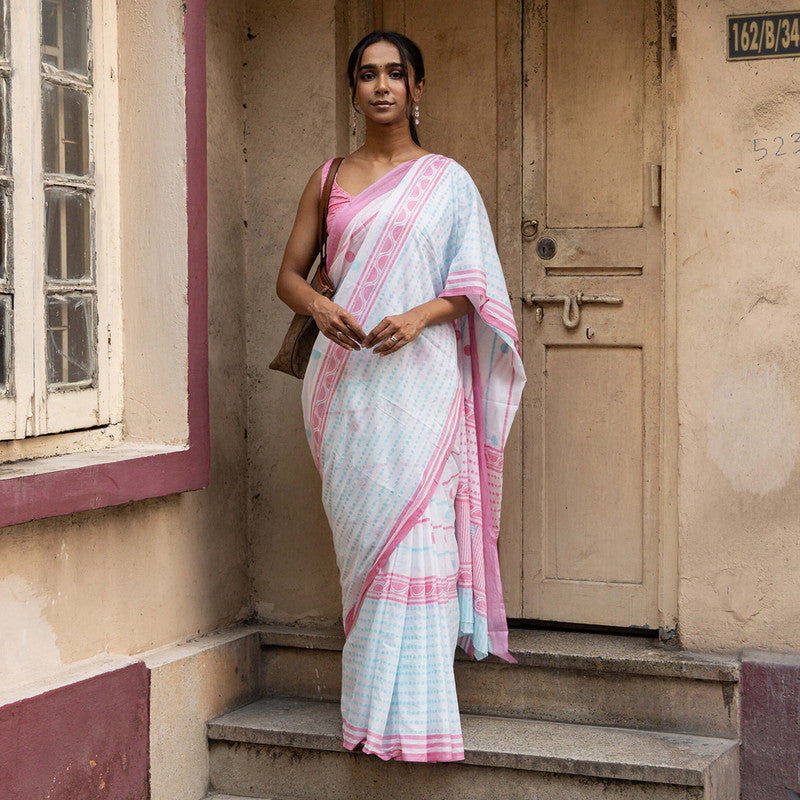 Cotton Saree | Hand Block Print | White & Blue、mySite、camillekostekn