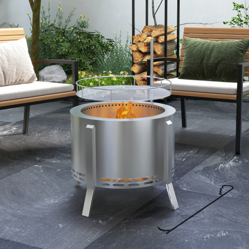 Outsunny 2-in-1 Smokeless Fire Pit, BBQ Grill, 19" Portable Wood Burning Firepit with Cooking Grate and Poker, Low Smoke Camping Bonfire Stove for Backyard Patio Picnic, Stainless Steel, Silver、、eastwooduniform