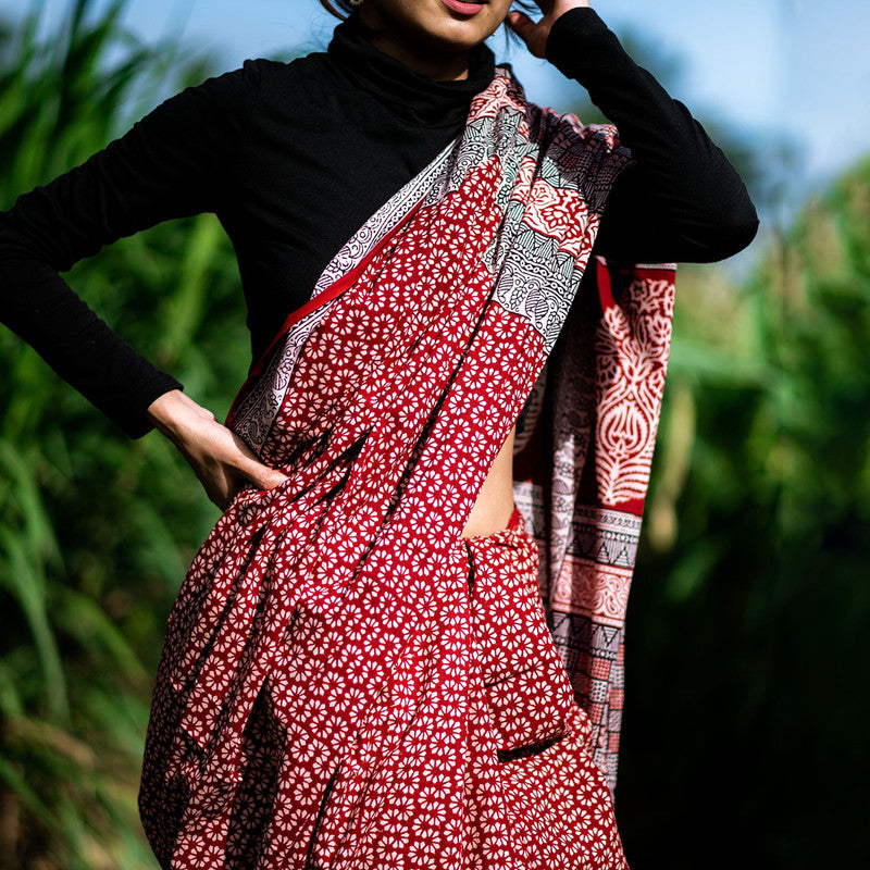 Mulmul Saree | Handblock Printed Saree | Bagh Print Motifs | Red、mySite、camillekostekn