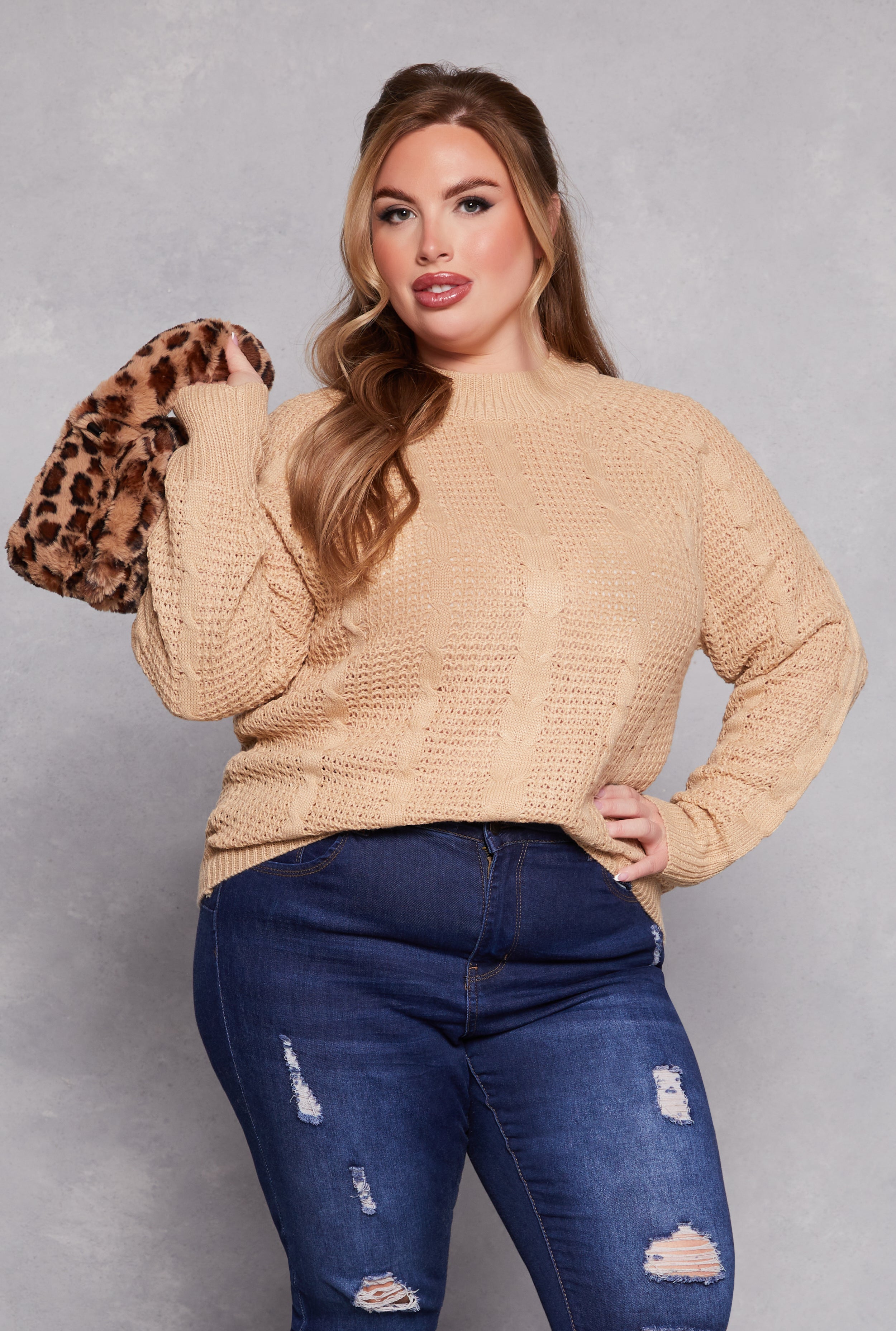 Plus Size Cable Knit Mock Neck Sweater、mySite、camillekostekn