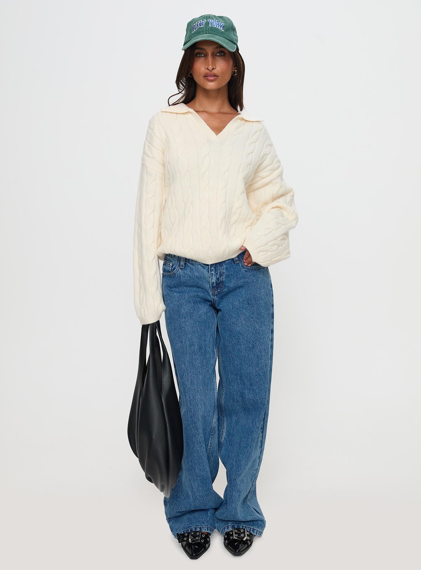 Brodey Collared Cable Knit Sweater Cream、mySite、solidvoid