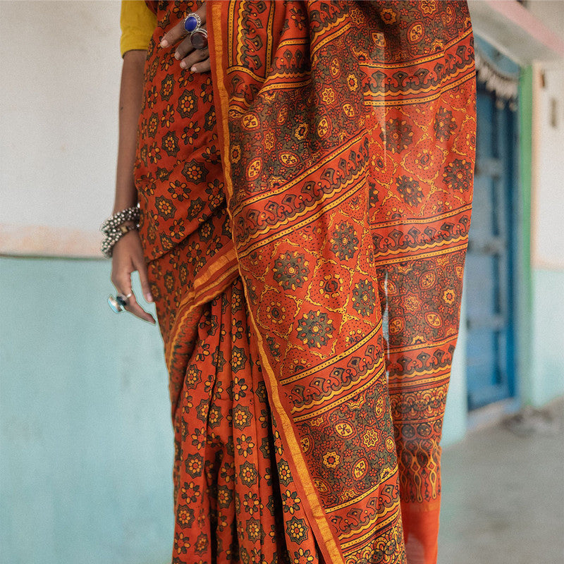 Festive Wear | Handblock Mul Cotton Ajrakh Printed Saree | Orange、mySite、camillekostekn