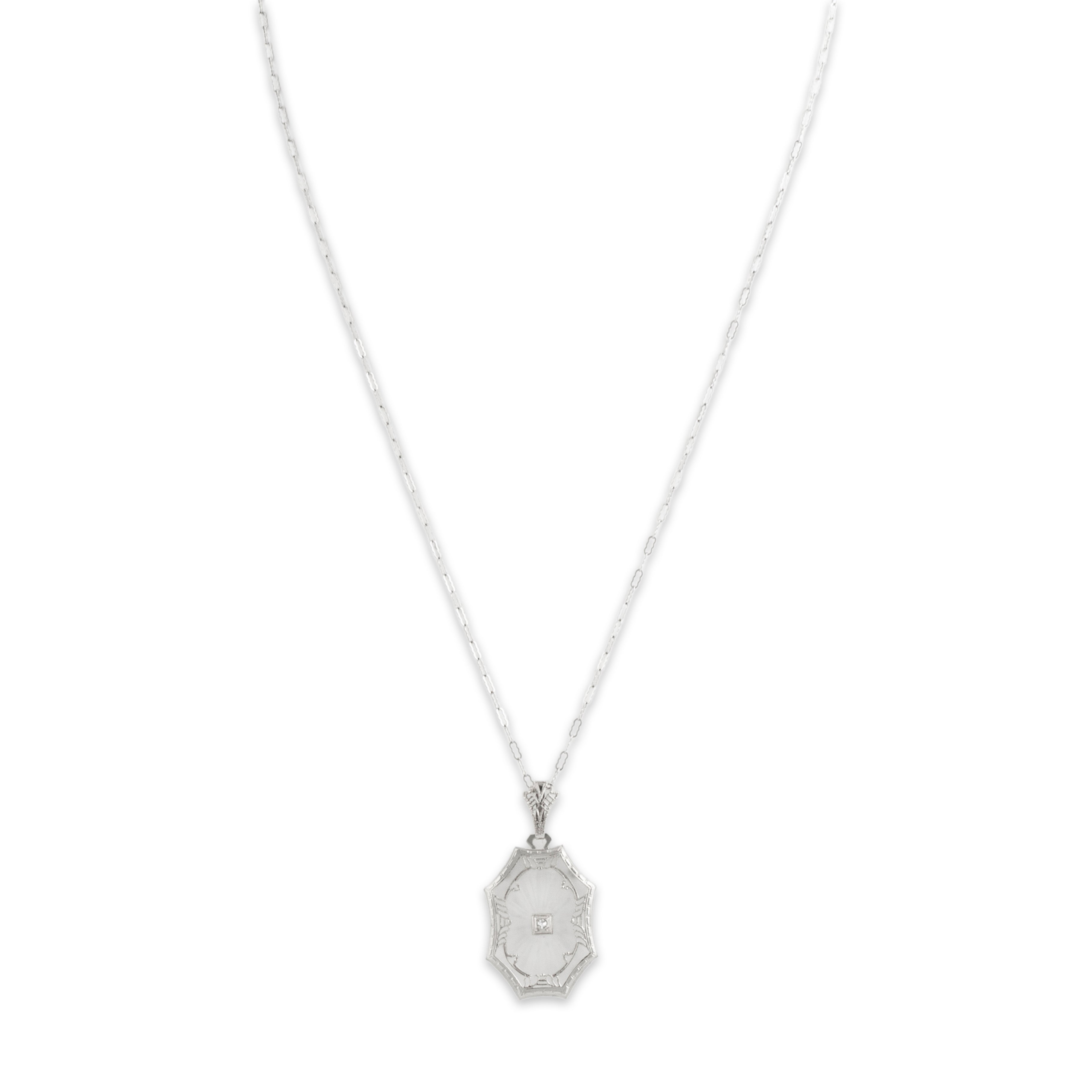 Antique Art Deco 14k White Gold Diamond Camphor Glass Geometric Necklace 16、mySite、hinf8tx79