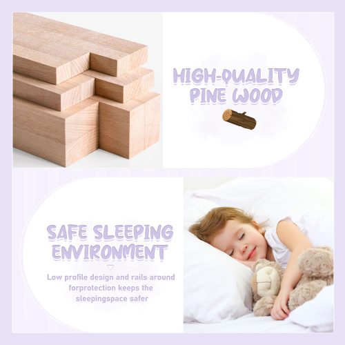 Twin Size Bed Floor Bed with Safety Guardrails and Door for Kids, Natural(Old SKU: W158090686)、、casual