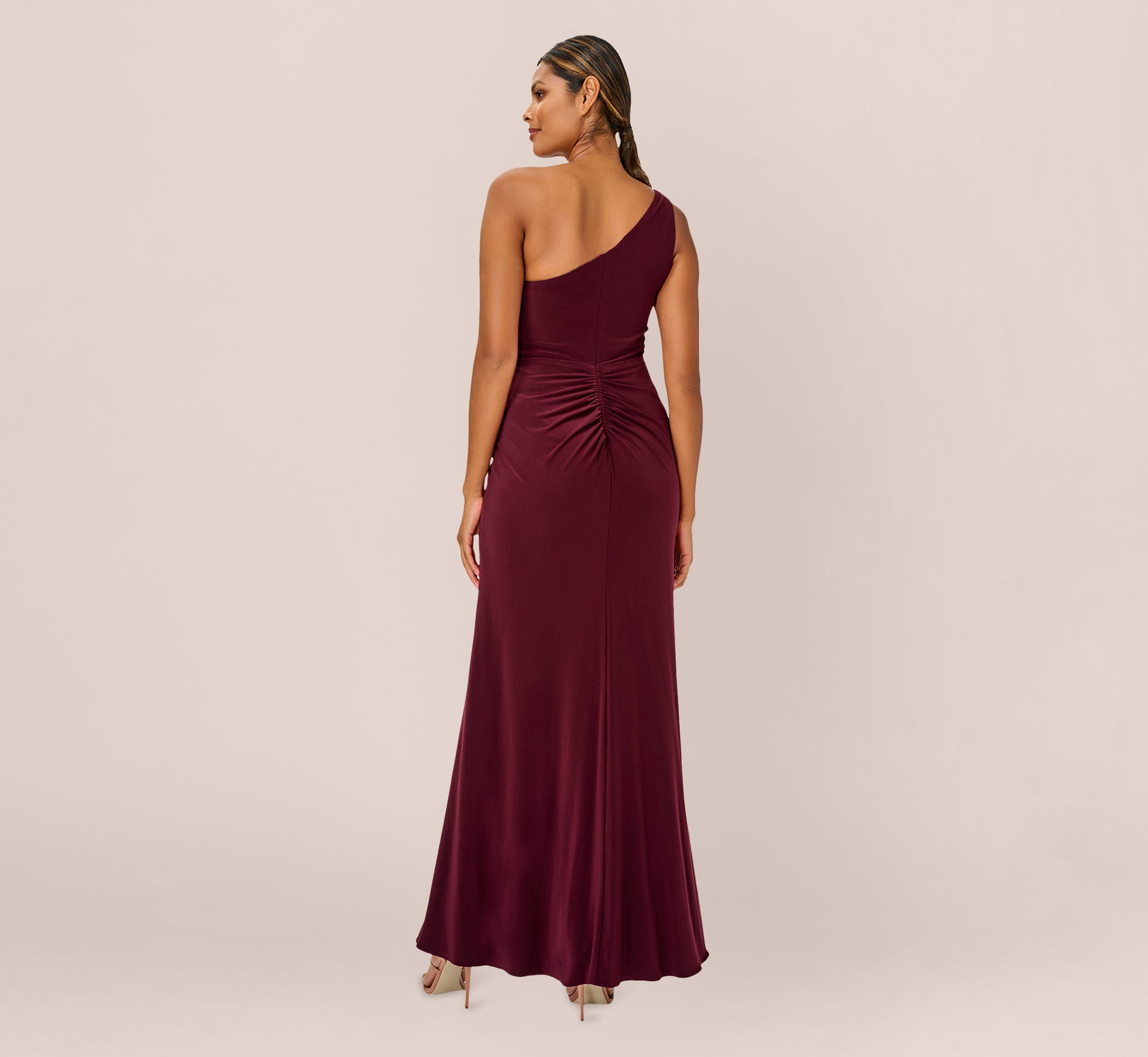 One Shoulder Dress With Draped Waist Detail In Red Wine、mySite、solidvoid