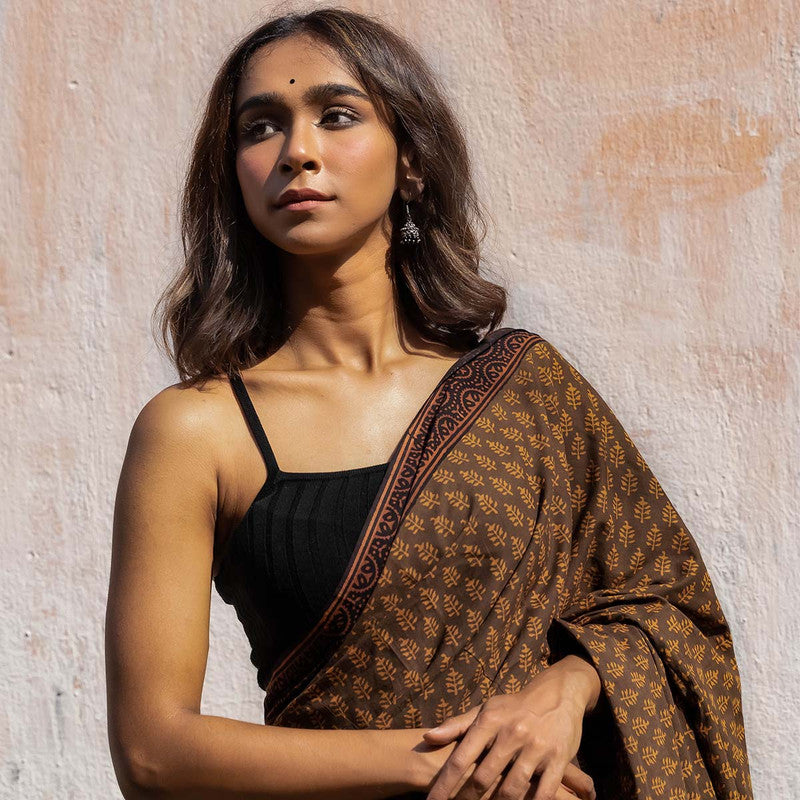 Festive Wear | Handblock Floral Printed Chanderi Brown Saree、mySite、camillekostekn