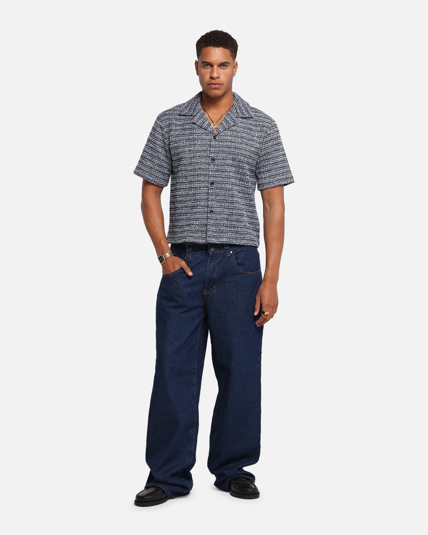 XXIII Boucle Tweed Crop Button Up Shirt Black/White/Blue、mySite、zt4zffjzw