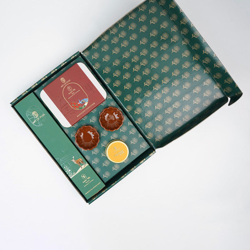 Wooden Festive Gift Box | Diyas, Pooja Haldi & Incense Stick | Set of 5、mySite、camillekostekn
