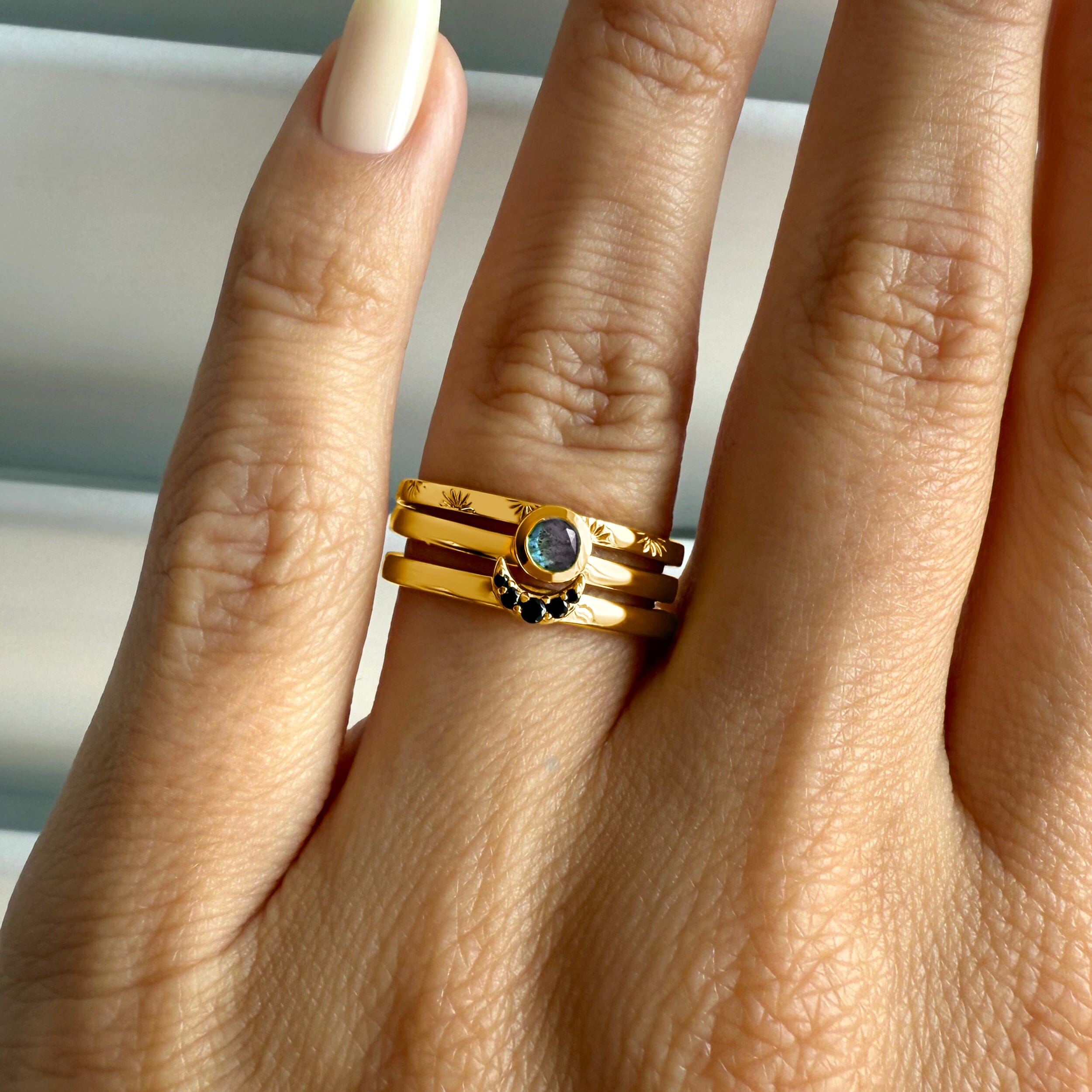 Labradorite Black Spinel Rings - Crescent Moon Set、mySite、hinf8tx79