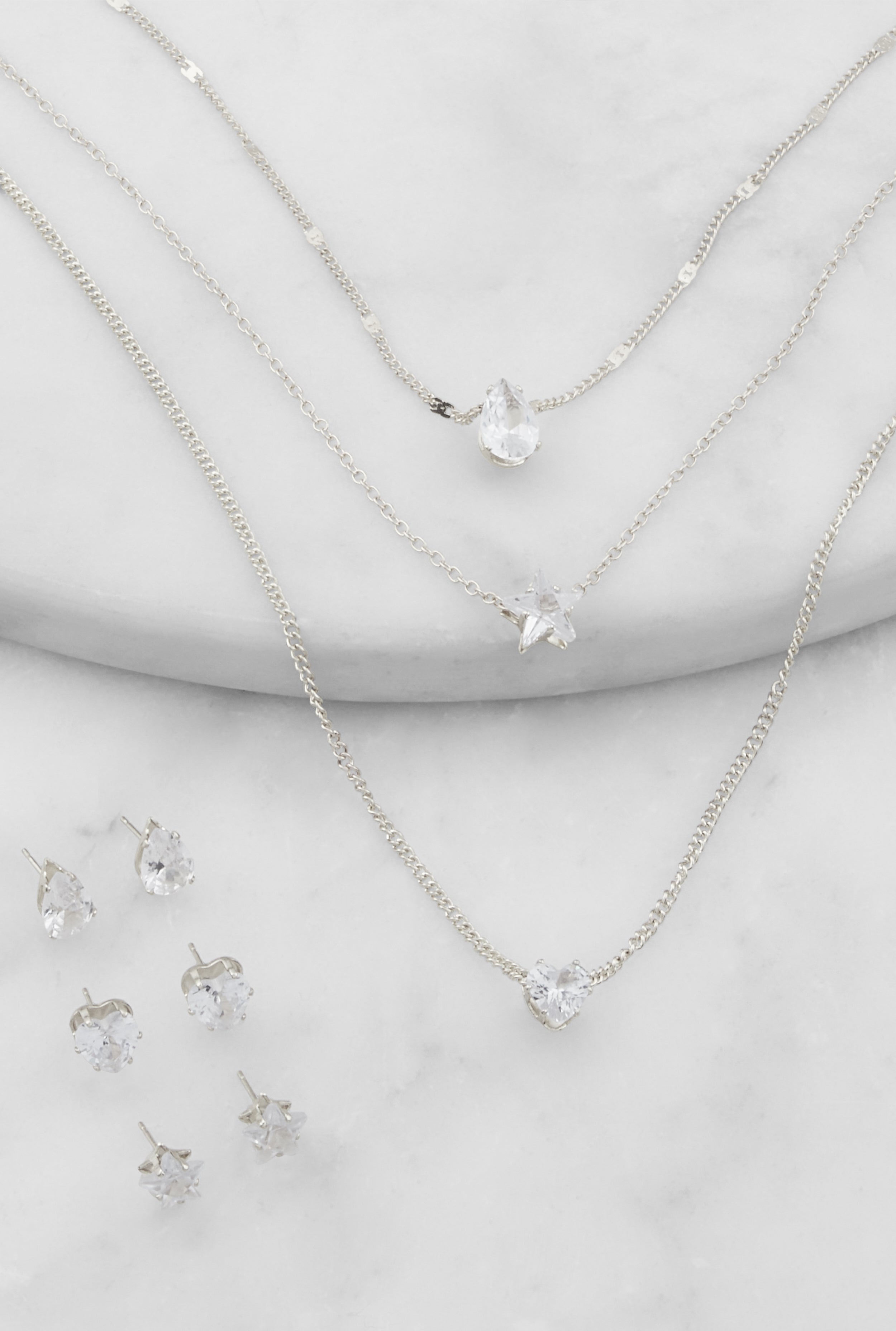 Cubic Zirconia Layered Necklace with Stud Earrings Set、mySite、camillekostekn