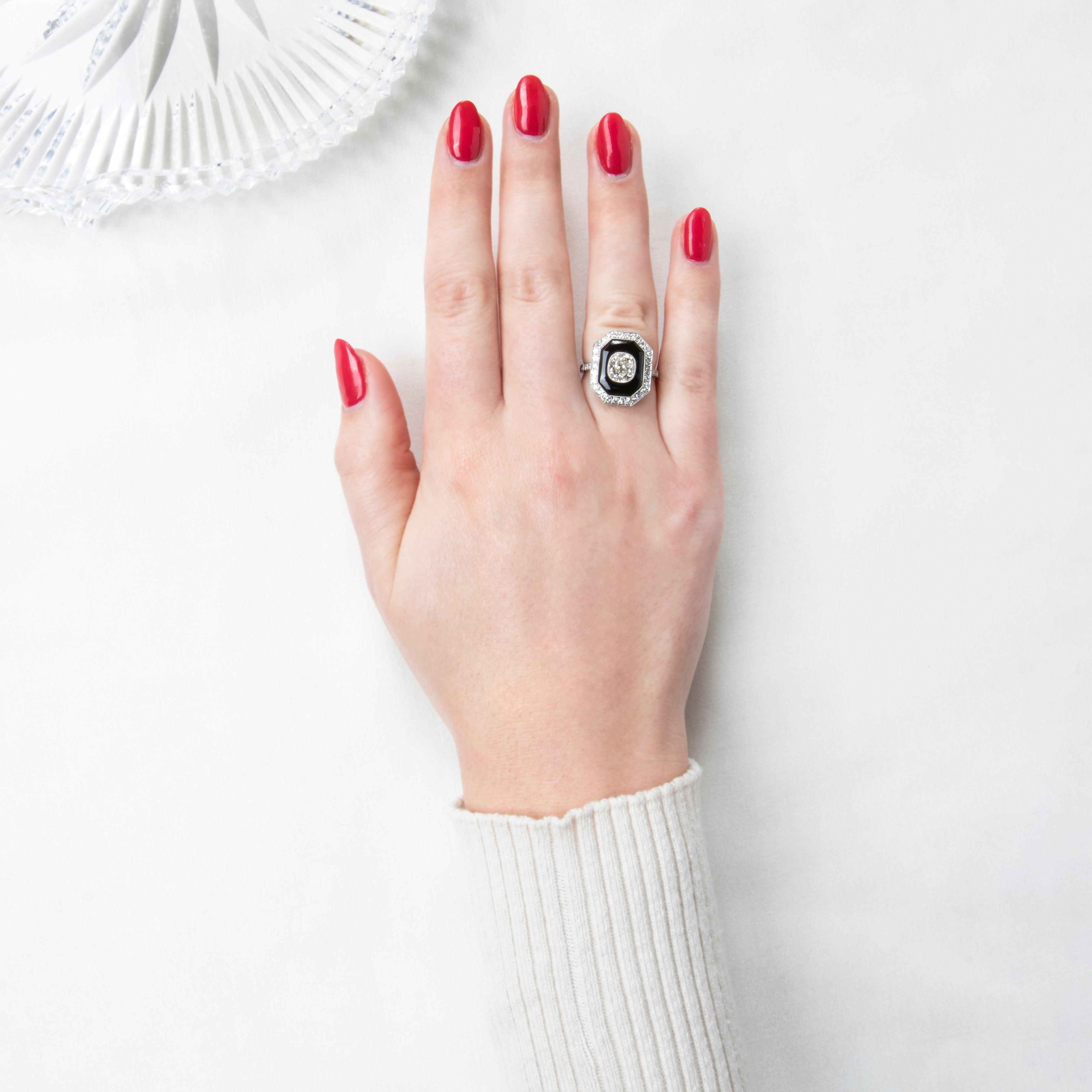 Chic Antique Art Deco Platinum 2.04cttw VS1-VS2 Old Mine Diamond Onyx Ring 6.75、mySite、hinf8tx79