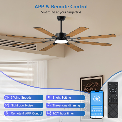 52 Inch Ceiling Fan with Lights and Remote Control, 8 Plywood Blades, 6-Speed Noiseless Reversible DC Motor, 3CCT, Windmill Ceiling fan for Kitchen Bedroom Living Room, Black、、eastwooduniform