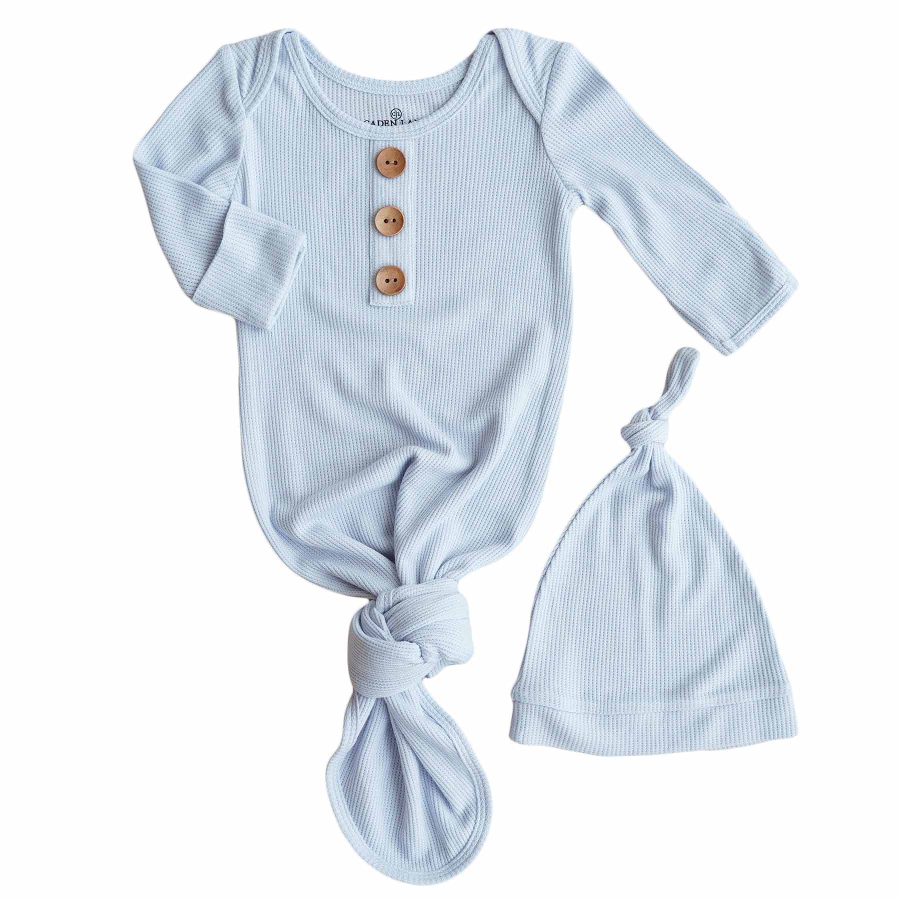  Ice Blue Bamboo Waffle Newborn Baby Knot Gown & Hat Set、mySite、layawaytickets