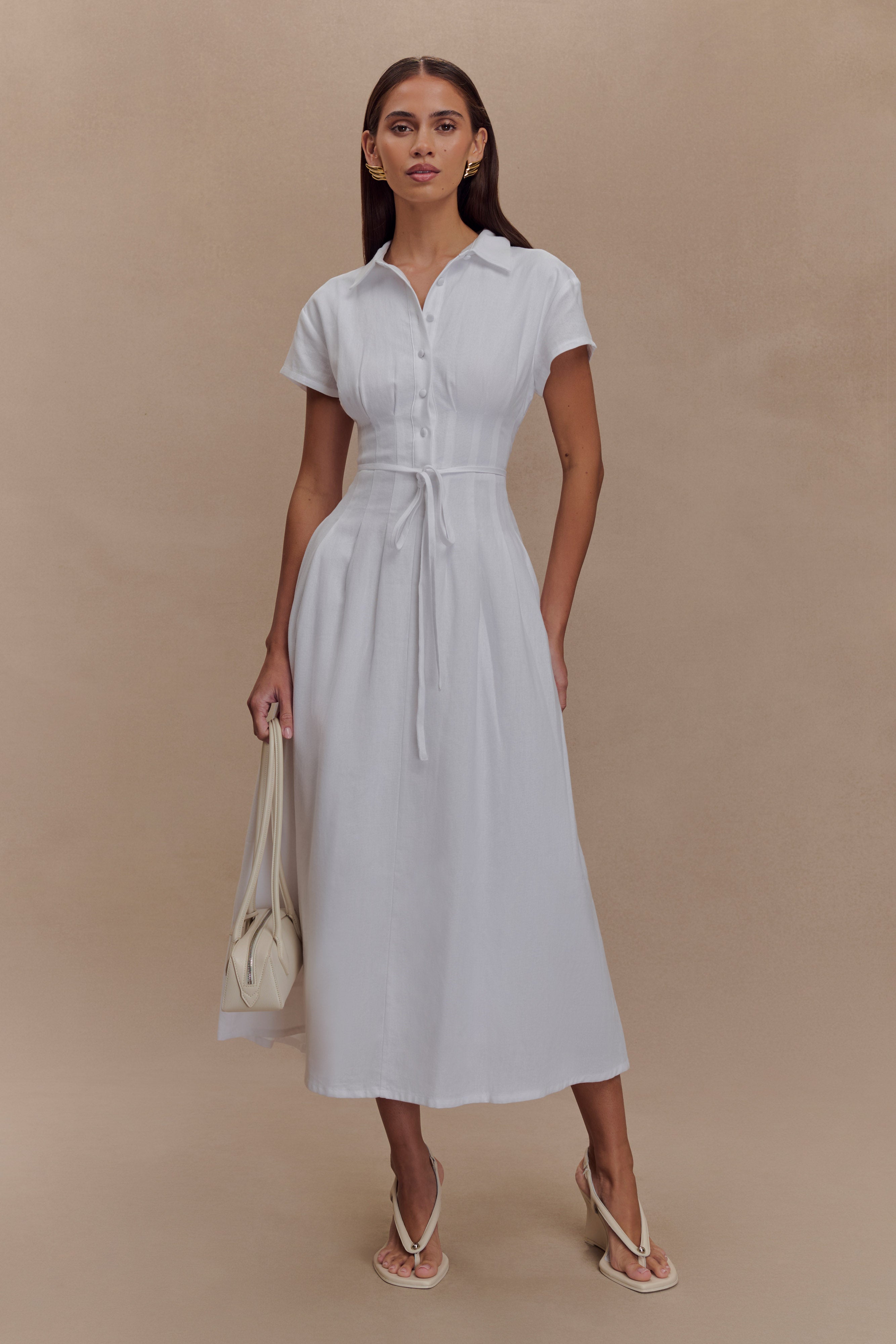 Aysha Buttoned Linen Midi Dress - White、mySite、solidvoid