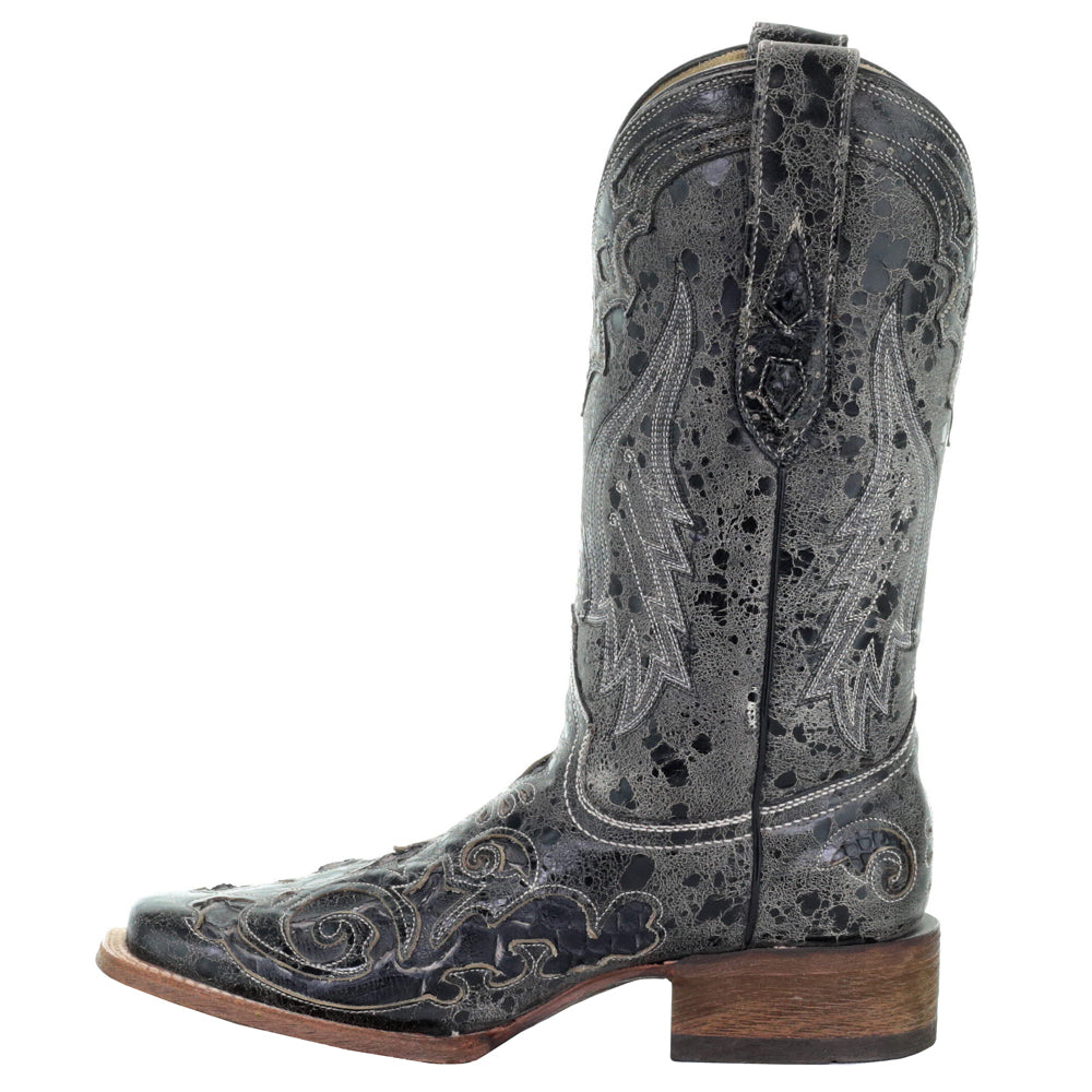 Distressed Embroidered Snake Square Toe Cowboy Boots、mySite、gtrtttuynbv