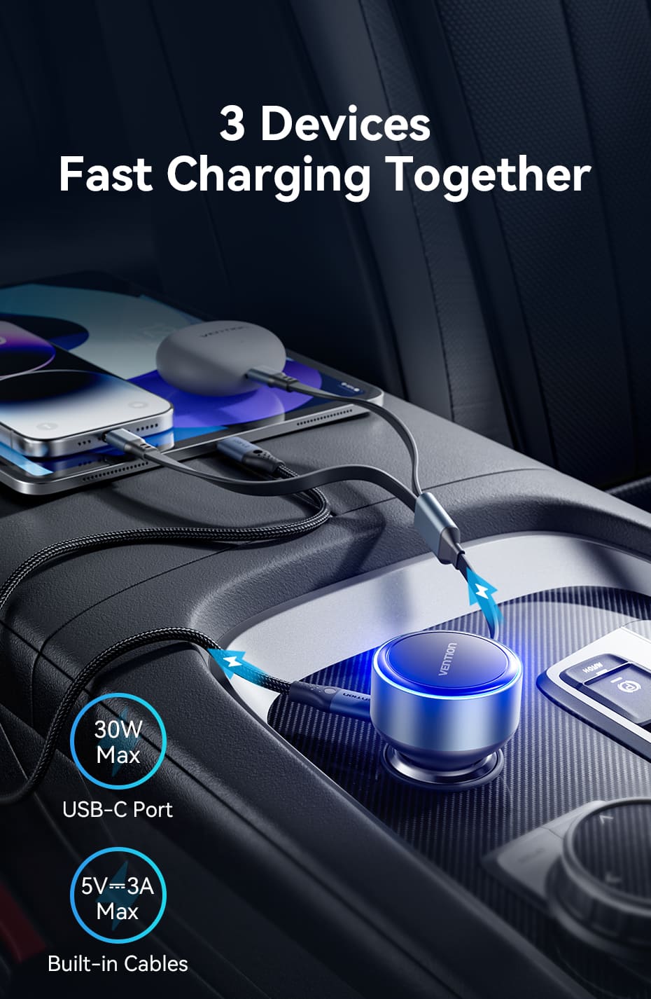 Three-Port USB-C + USB-C/Lightning (30W + 30W/27W) Car Charger