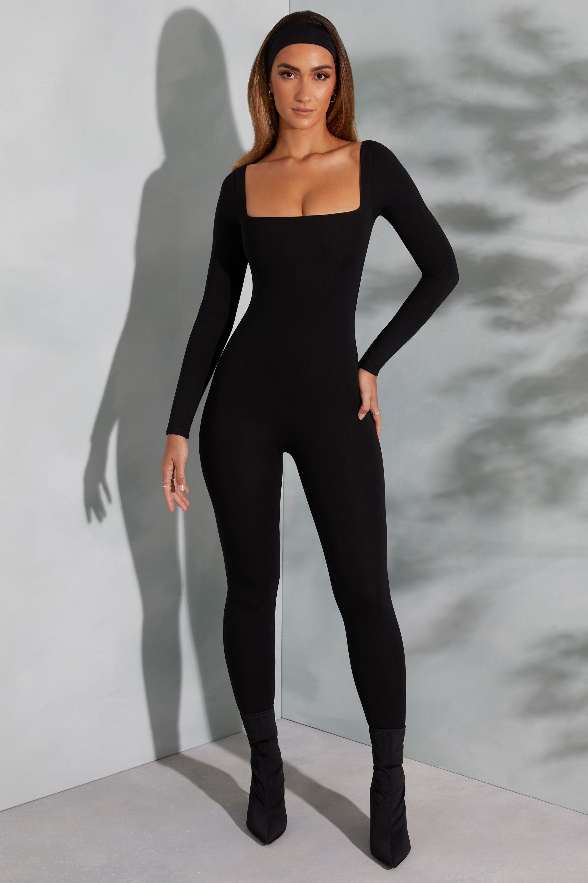 Square Neck Long Sleeve Jumpsuit in Black、mySite、solidvoid