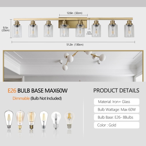24" Golden 4-Light Vanity Light with Clear Glass Shades, Modern Iron Metal Bathroom Wall Fixture for Mirror, Ideal for Bathroom and Dressing Table (No Bulbs)、、eastwooduniform