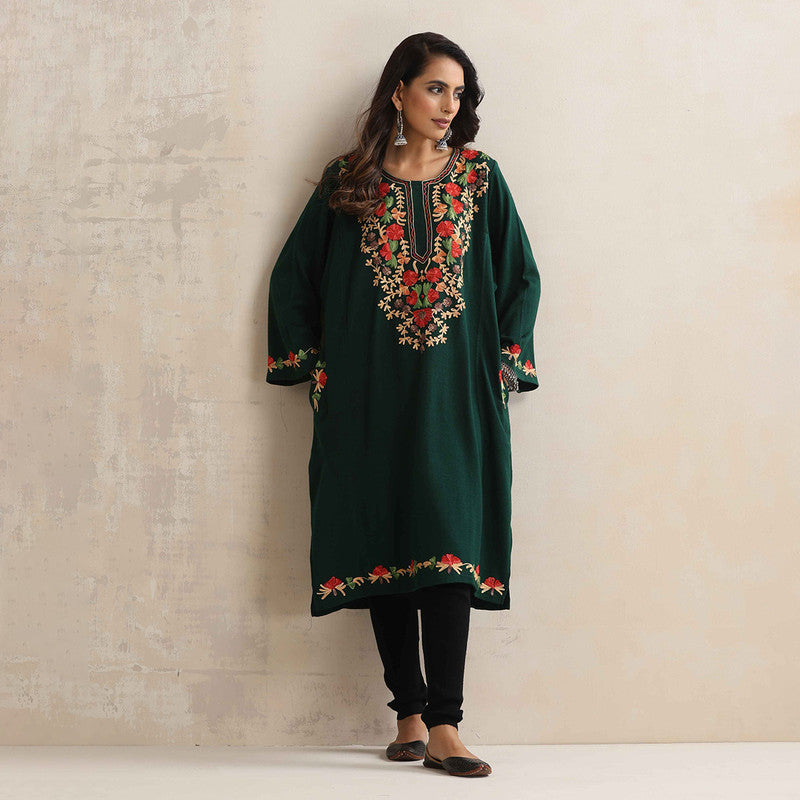 Woolen Kurta For Women | Floral Embroidered | Green、mySite、camillekostekn