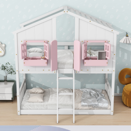 Twin over Twin House Bunk Bed with Roof , Window, Window Box, Door , with Safety Guardrails and Ladder,White、、casual