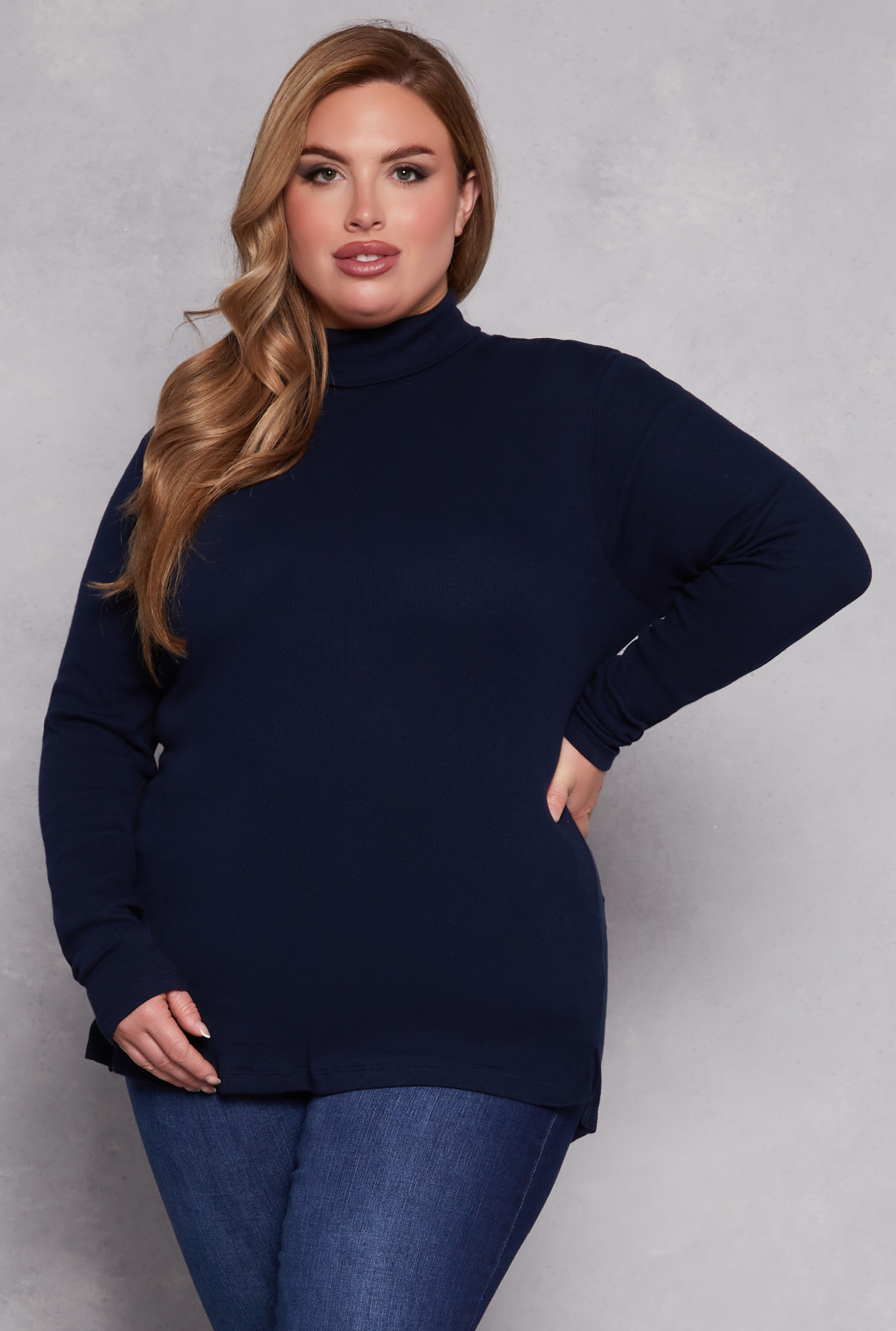 Plus Size Ribbed Knit Long Sleeve Turtleneck Top、mySite、camillekostekn