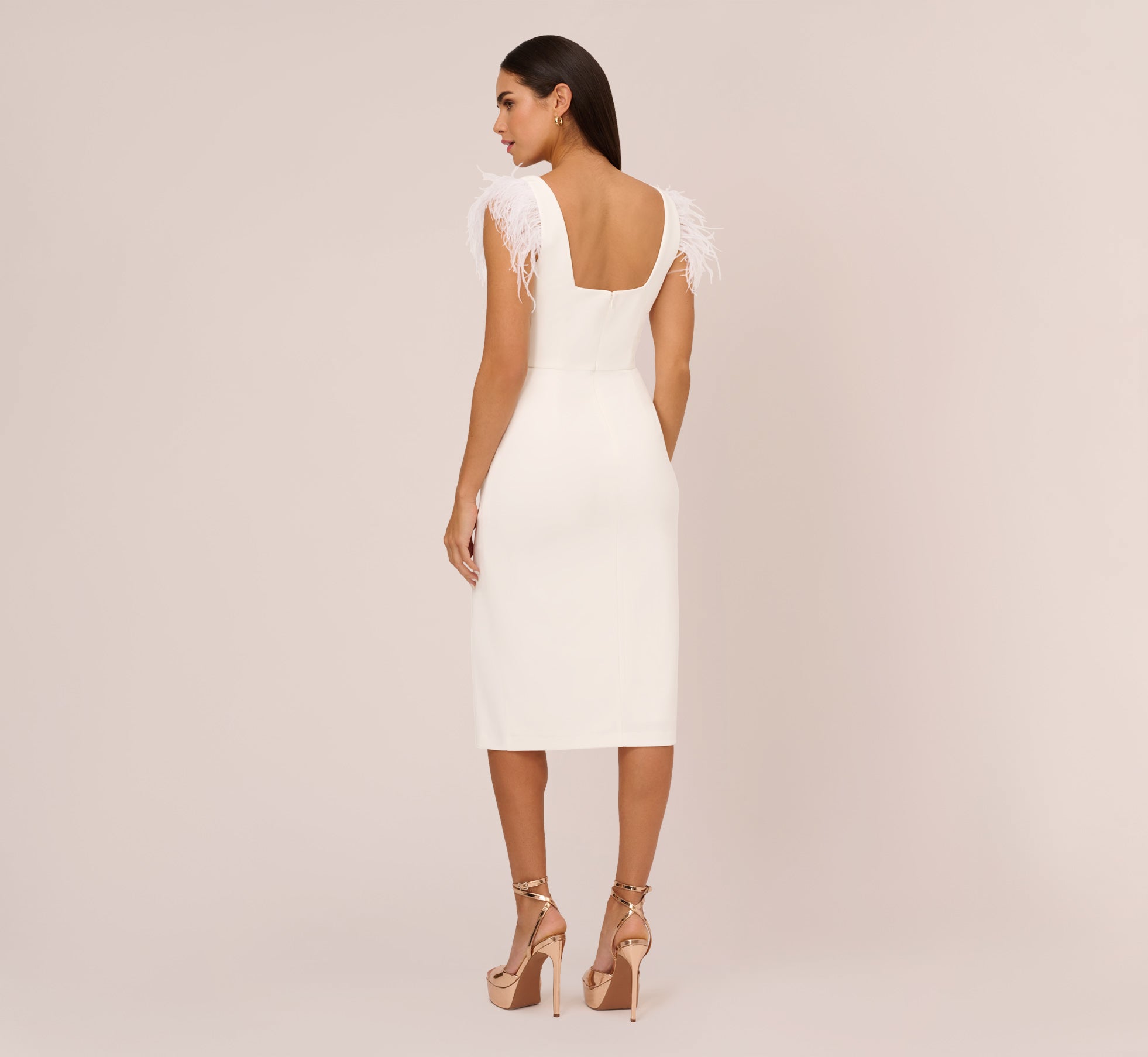 Knit Crepe Midi Dress With Feather Shoulder Accents In Ivory、mySite、solidvoid