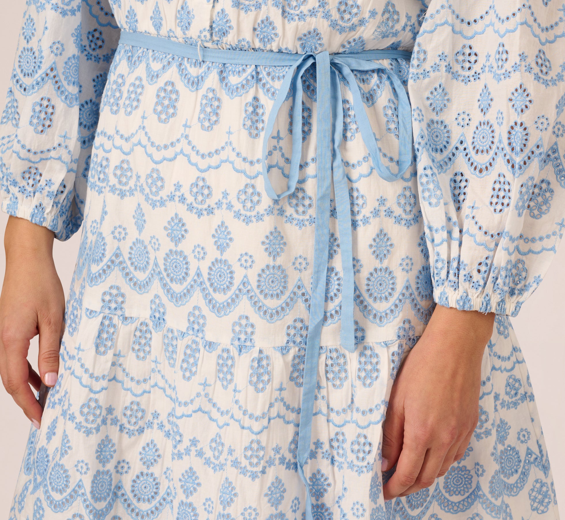 Plus Size Long Sleeve Flounce Eyelet Shirt Dress In Light Blue Ivory、mySite、solidvoid