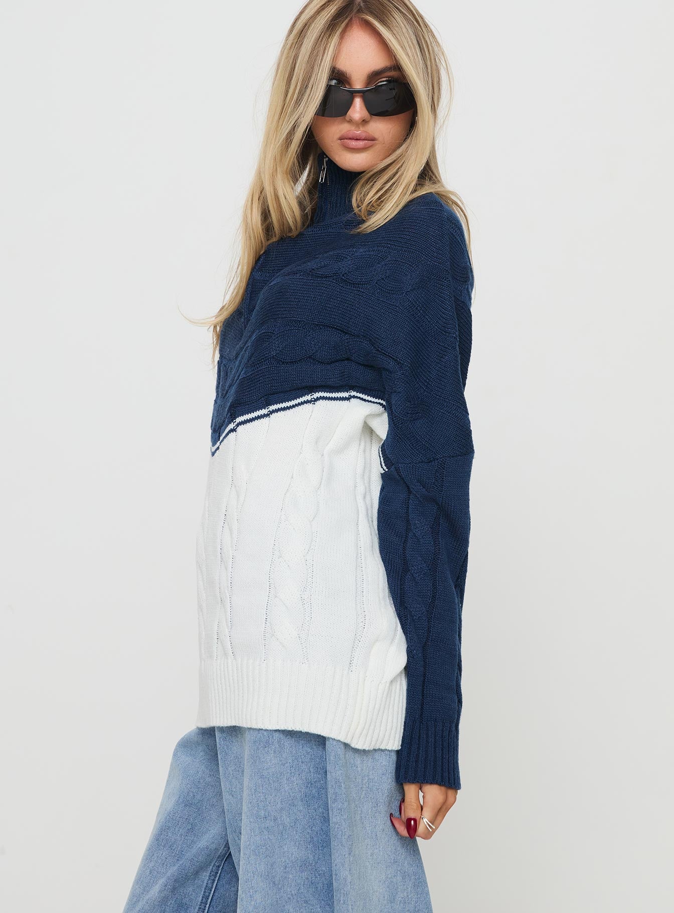 San Seb Quarter Zip Sweater Navy / Cream、mySite、solidvoid