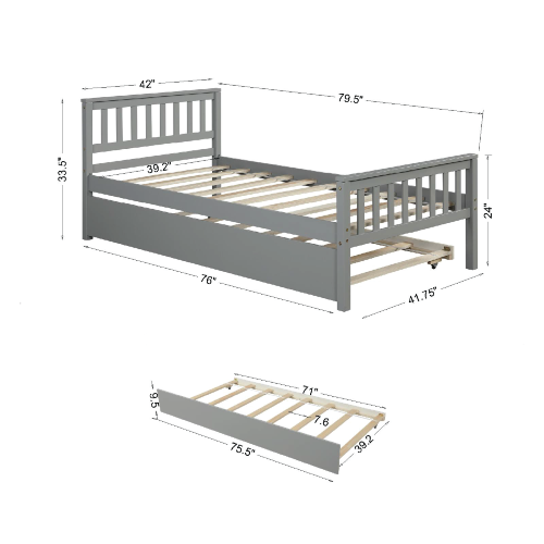 Twin Bed with Trundle, Platform Bed Frame with Headboard and Footboard, for Bedroom Small Living Space,No Box Spring Needed,Grey(New SKU:W504P148530)、、casual
