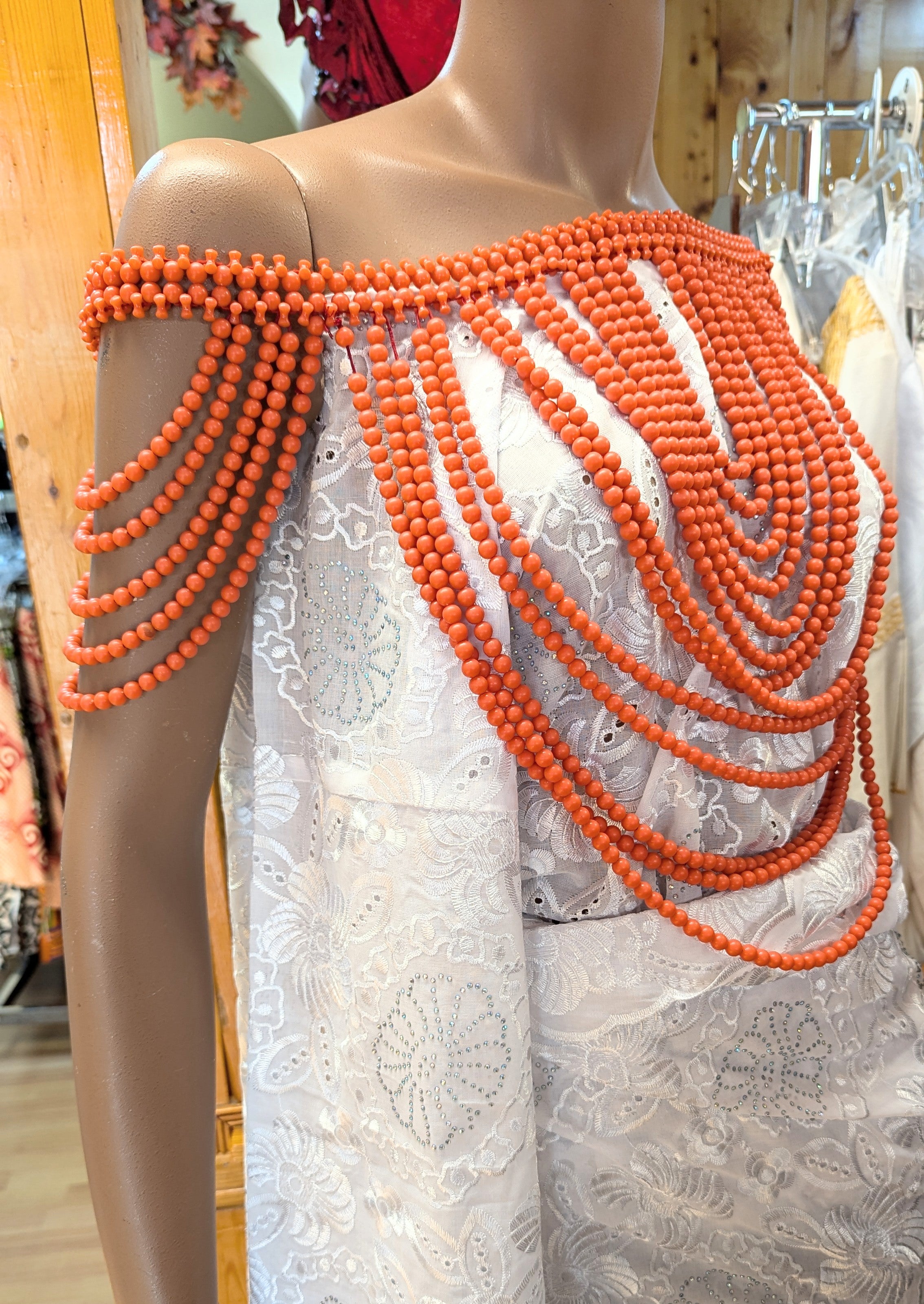 Dupsie's Amarachi African Coral-Red Igbo Edo Cape Shoulder Shrug Crop Top Blouse DPASBCR23、mySite、solidvoid