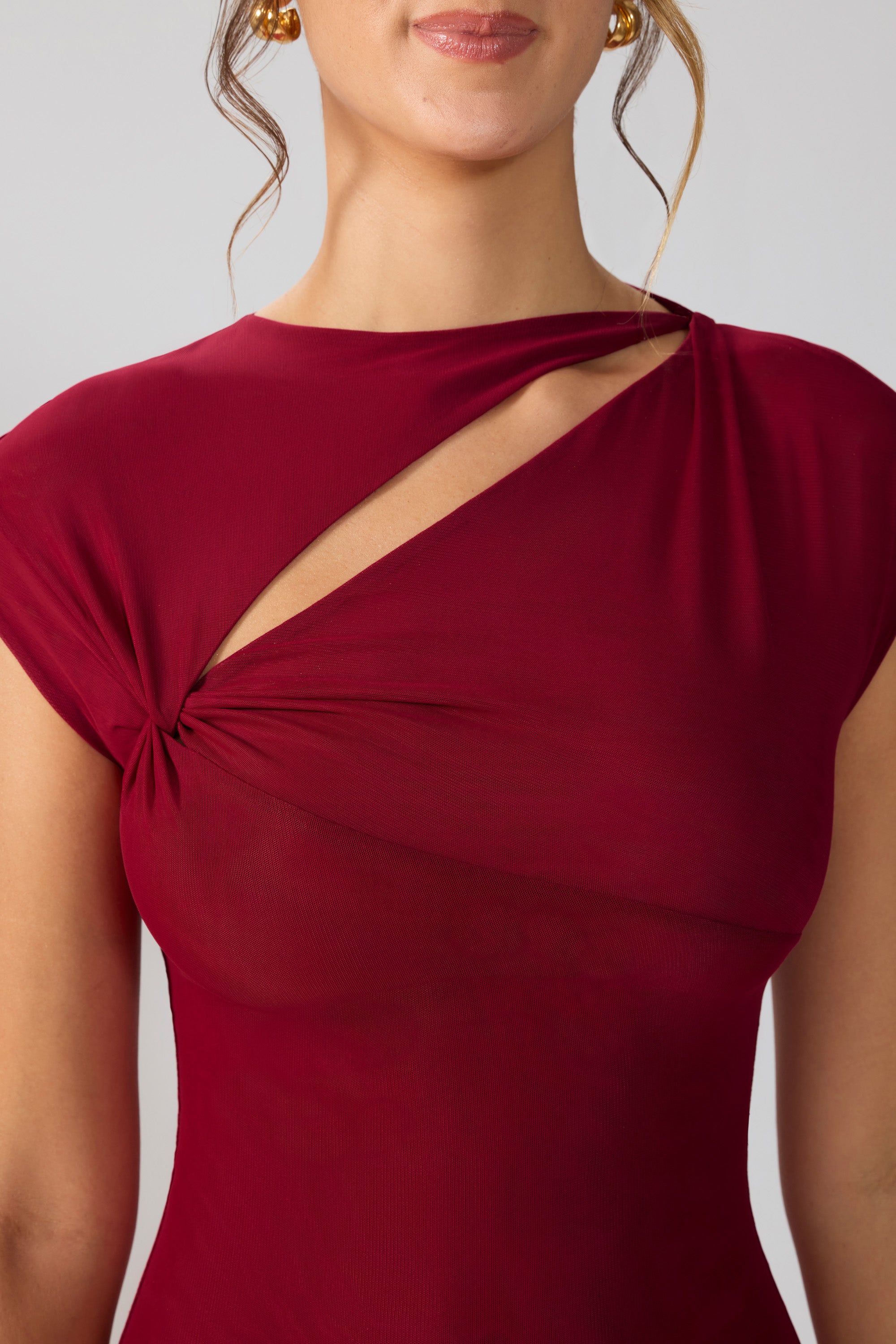 Mesh Cap Sleeve Cut Out Mini Dress in Ruby、mySite、solidvoid