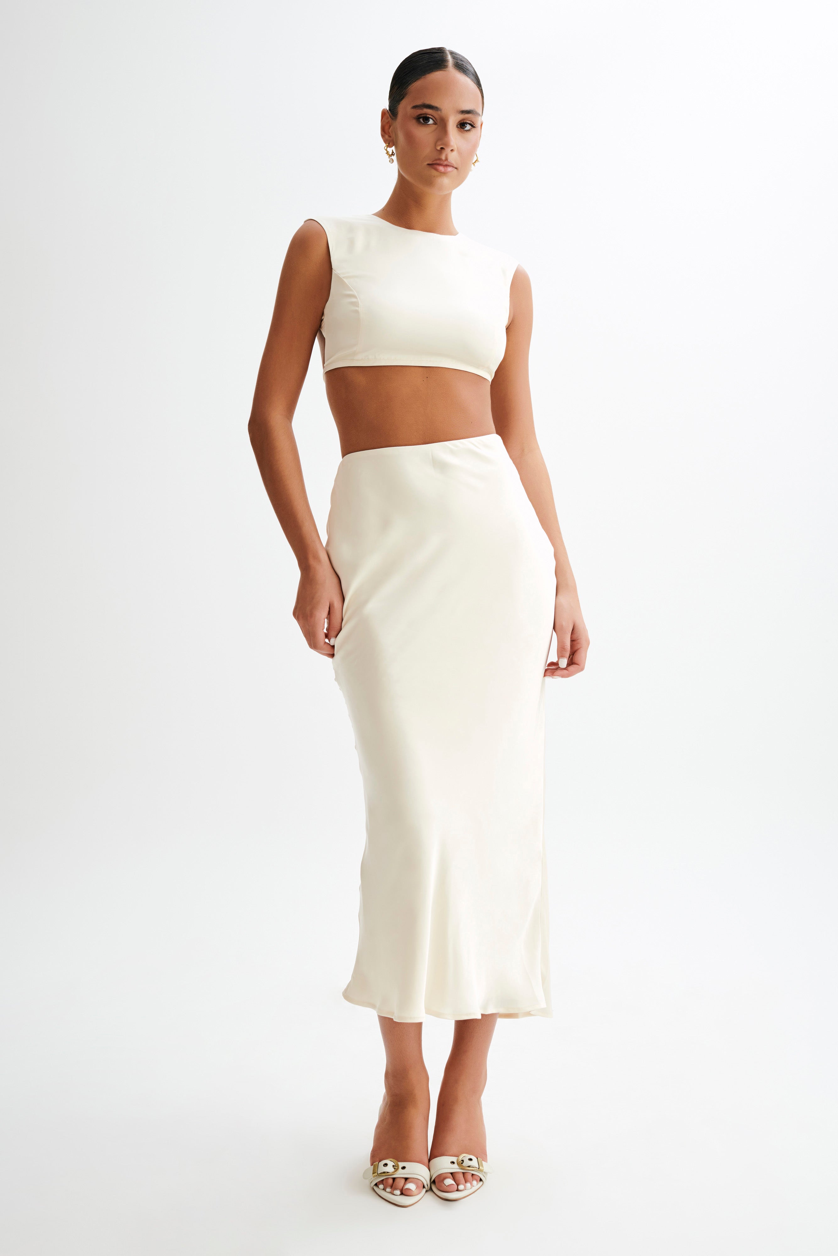 Viviana Satin Sleeveless Crop Top - Ivory、mySite、solidvoid