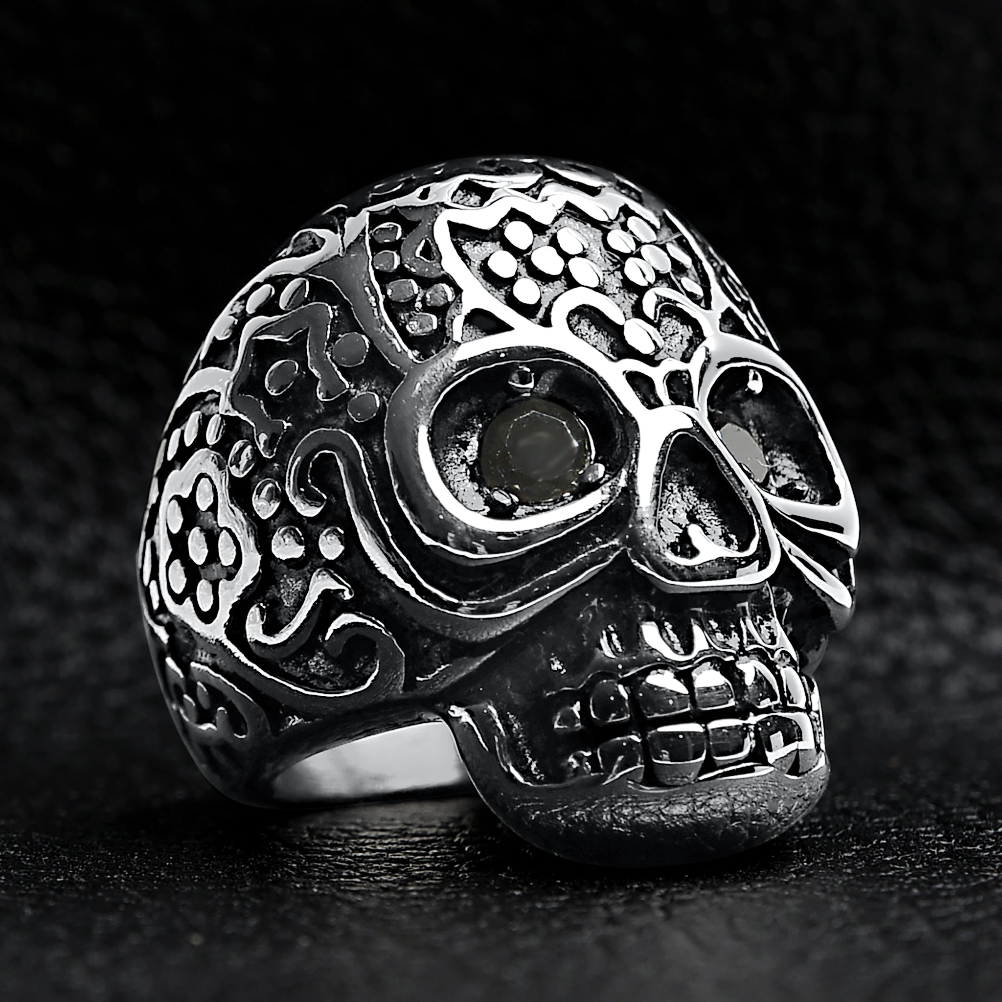 Large Detailed Skull Black CZ Eyed Stainless Steel Ring / SCR4002、mySite、dreamappss