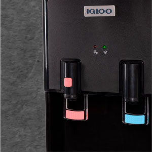 Red water dispenser for hot water and blue dispensing spigot for cool water.