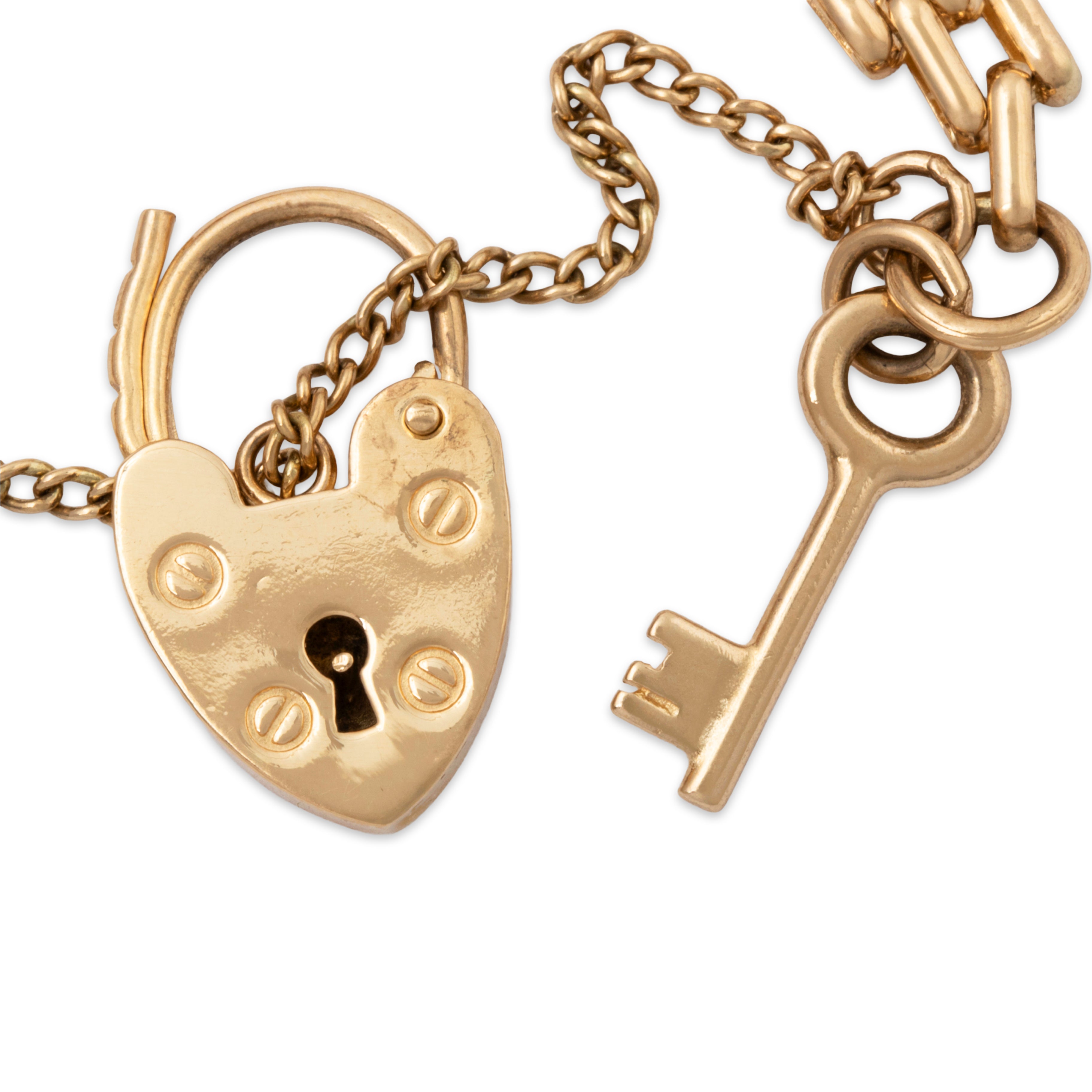 Vintage English 14k Yellow Gold Heart & Key Clasp Link Bracelet 7.25、mySite、hinf8tx79