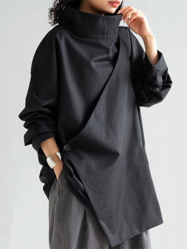 High Neck Loose Fit Solid Color Long Sleeve T-shirt Top、mySite、dreamappss