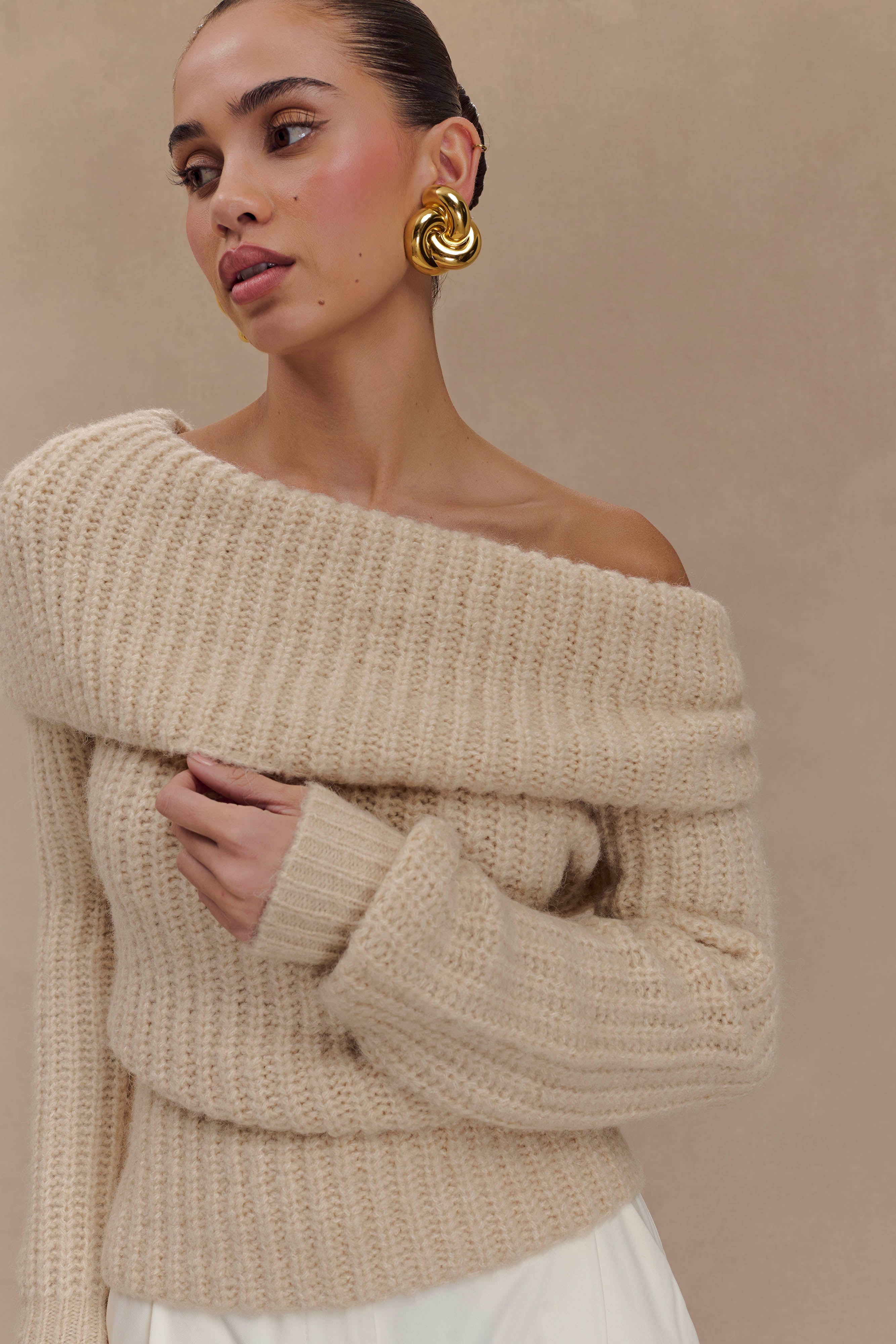 Alicia Off Shoulder Knit Top - Cream、mySite、solidvoid