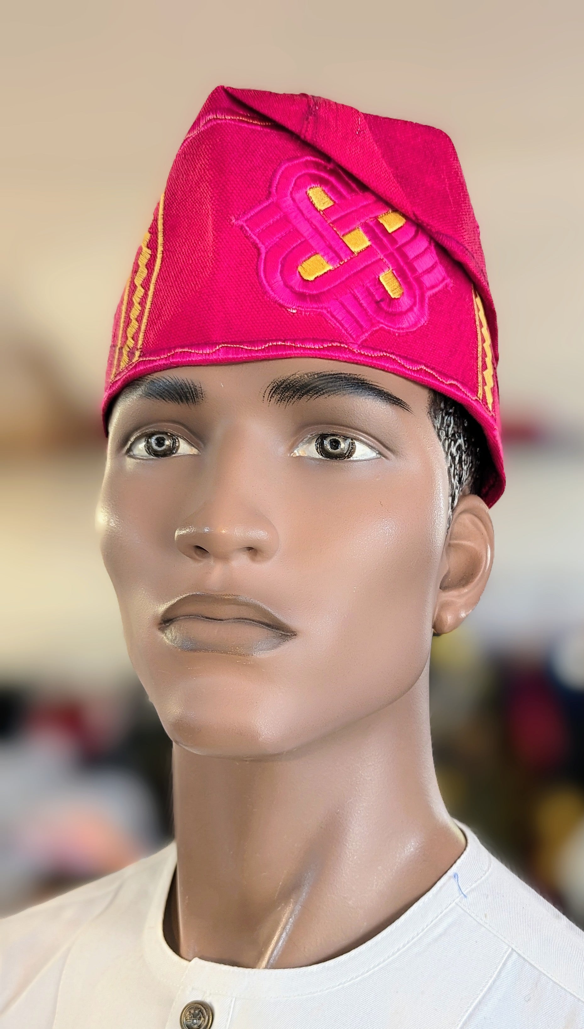 Royal Fuchsia Talaba Nigerian Aso Oke Fila Kufi Cap Hat with Gold embroidery DPAFPG3、mySite、solidvoid