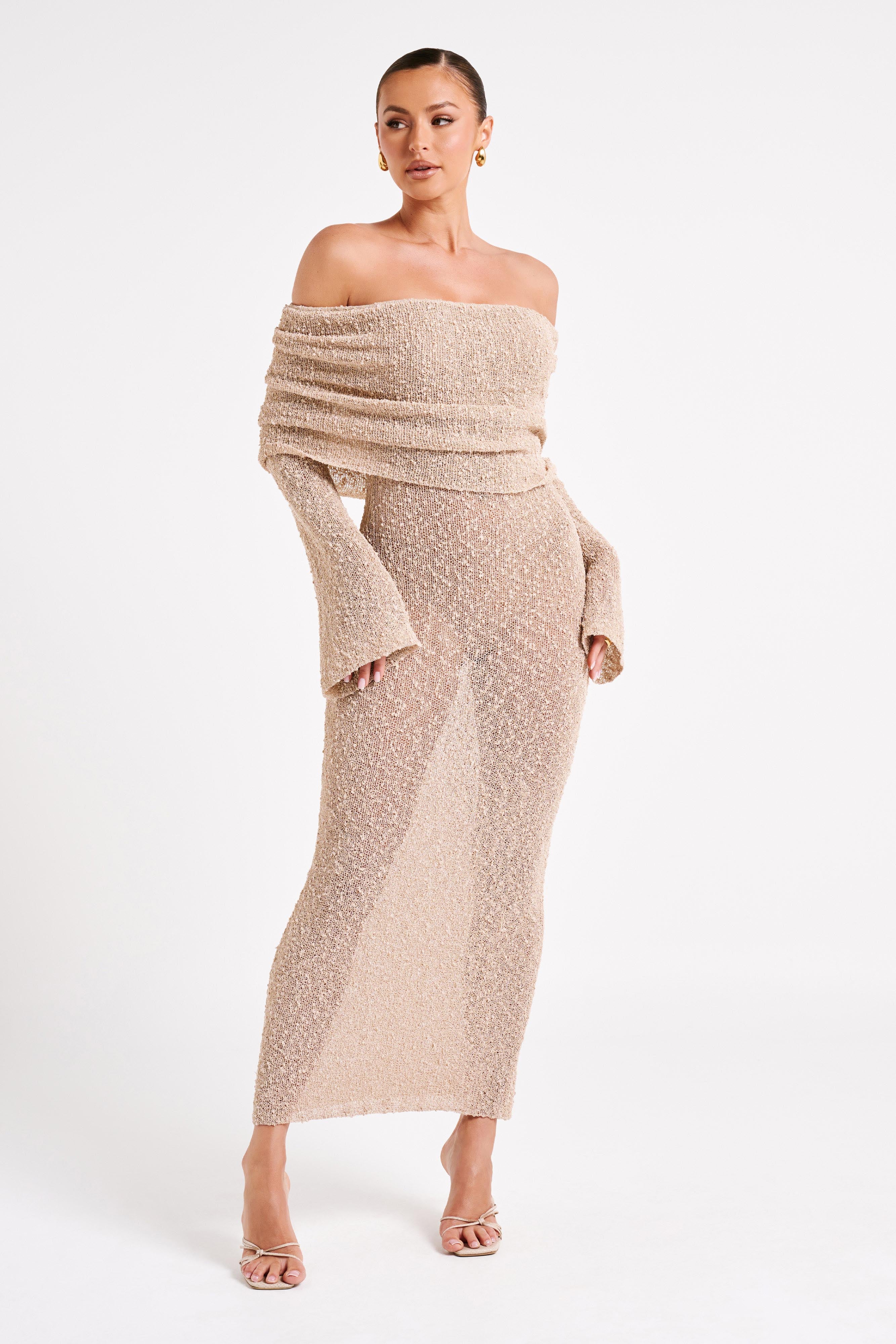 Marisol Off Shoulder Boucle Maxi Dress - Wheat、mySite、solidvoid