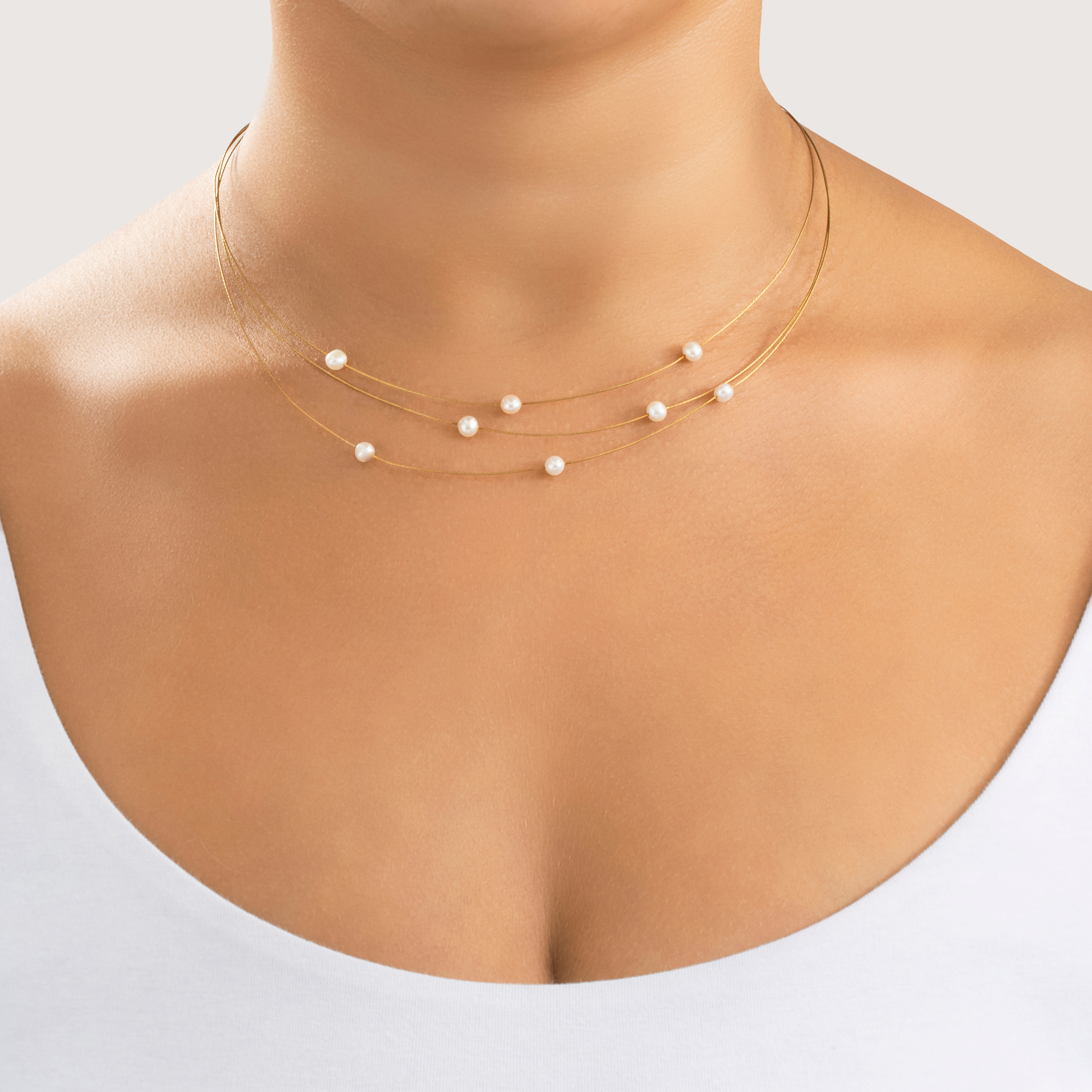 Estate 14k Yellow Gold Pearl 3-Strand Station Cable Necklace 16、mySite、hinf8tx79