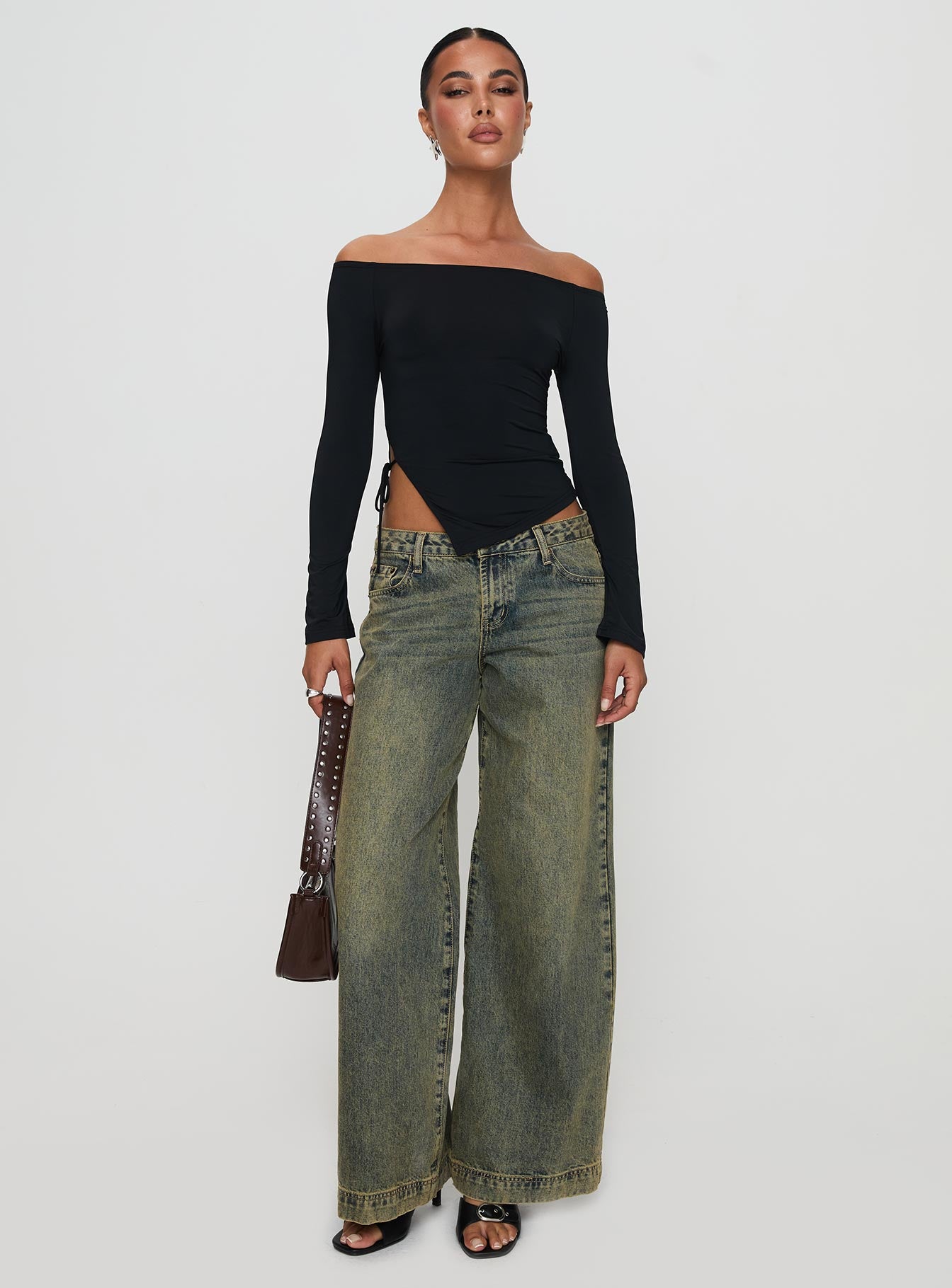 Endellion Off Shoulder Long Sleeve Top Black、mySite、solidvoid