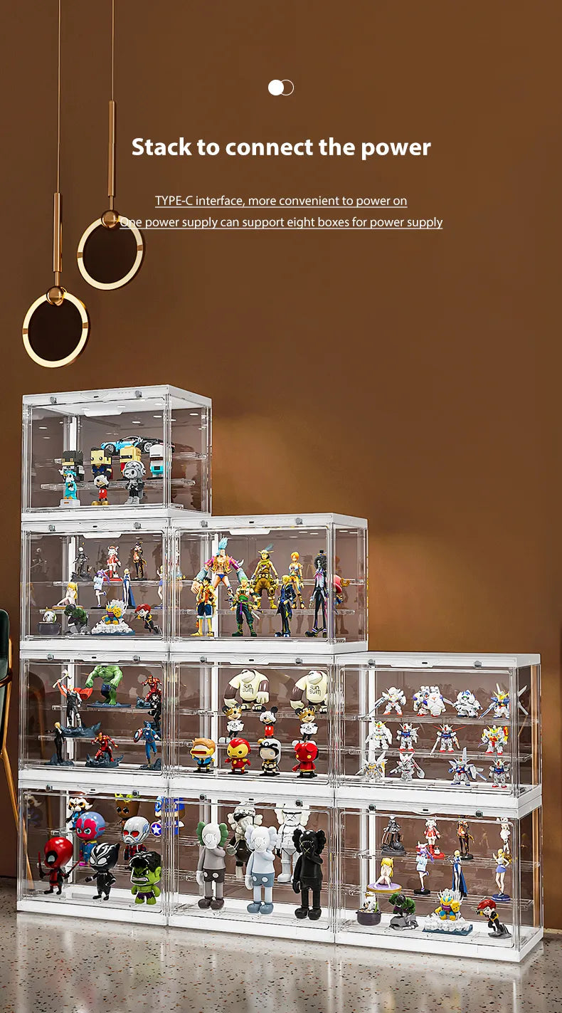 Stackable mini figure display boxes with a Type-C power connection.